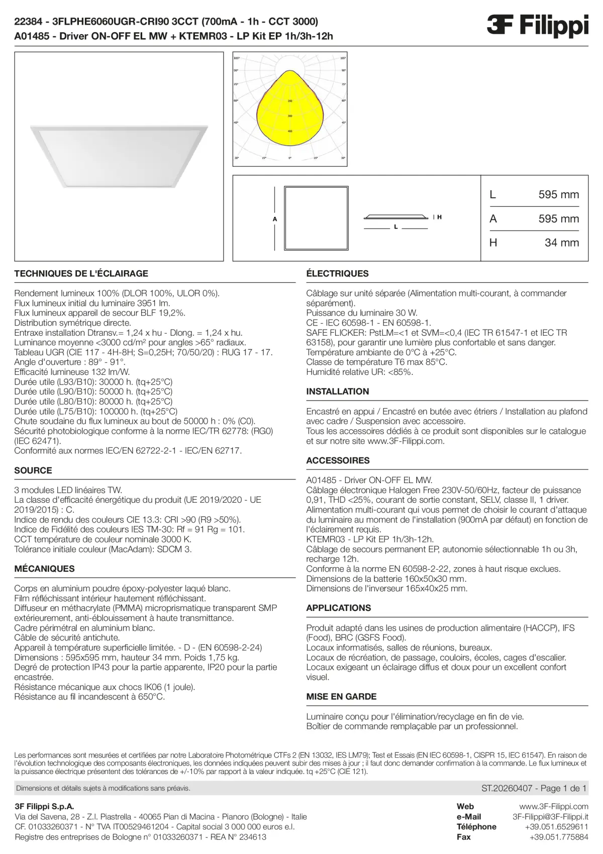 22384+A01485+KTEMR03 - 3FLPHE6060UGR-CRI90 3CCT (700mA - 1h - CCT 3000) + ON-OFF EL MW + Kit EP 1h-3h - Datasheet - fr