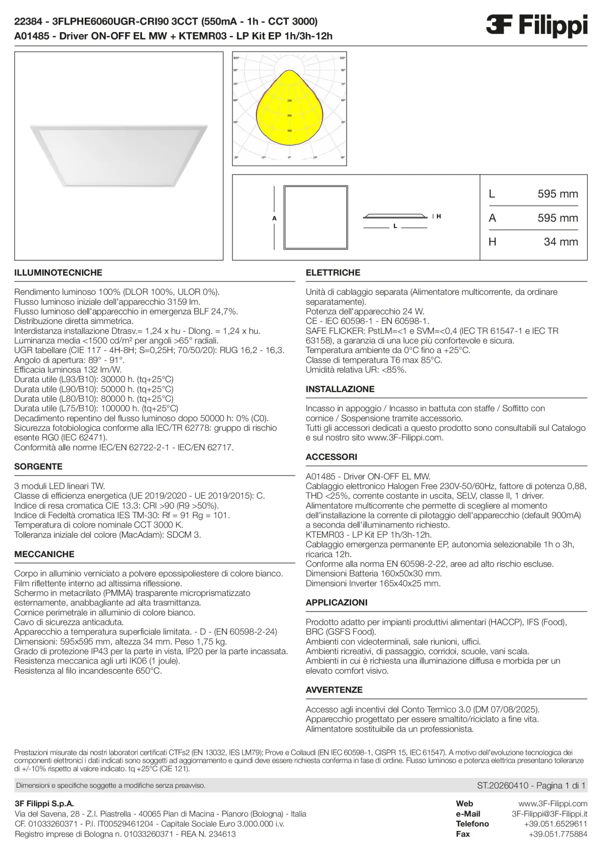 22384+A01485+KTEMR03 - 3FLPHE6060UGR-CRI90 3CCT (550mA - 1h - CCT 3000) + ON-OFF EL MW + Kit EP 1h-3h - Datasheet - it