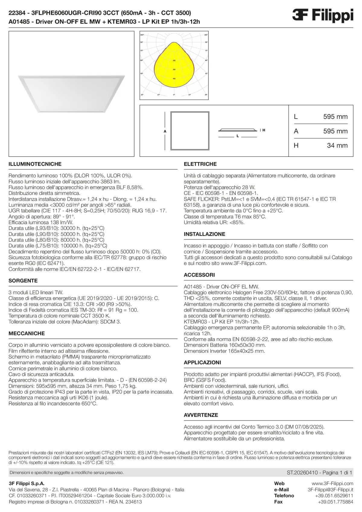 22384+A01485+KTEMR03 - 3FLPHE6060UGR-CRI90 3CCT (650mA - 3h - CCT 3500) + ON-OFF EL MW + Kit EP 1h-3h - Datasheet - it