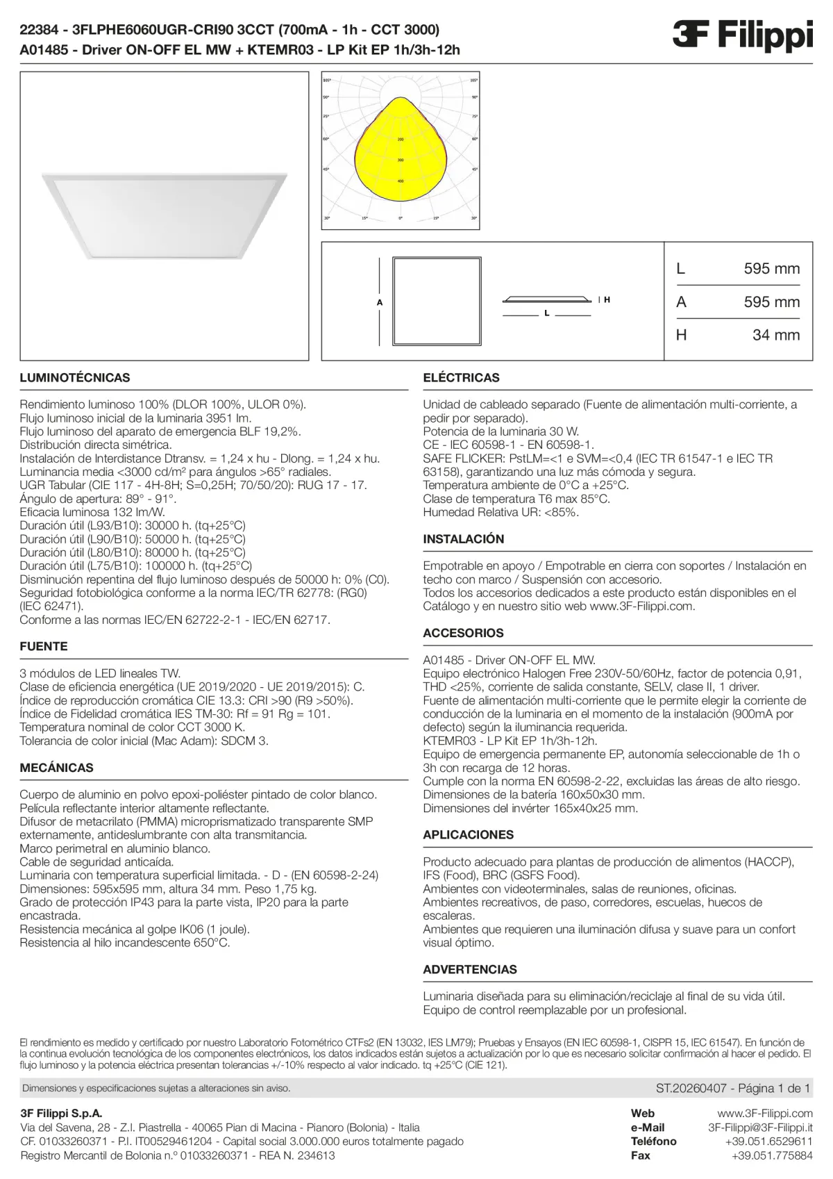 22384+A01485+KTEMR03 - 3FLPHE6060UGR-CRI90 3CCT (700mA - 1h - CCT 3000) + ON-OFF EL MW + Kit EP 1h-3h - Datasheet - es