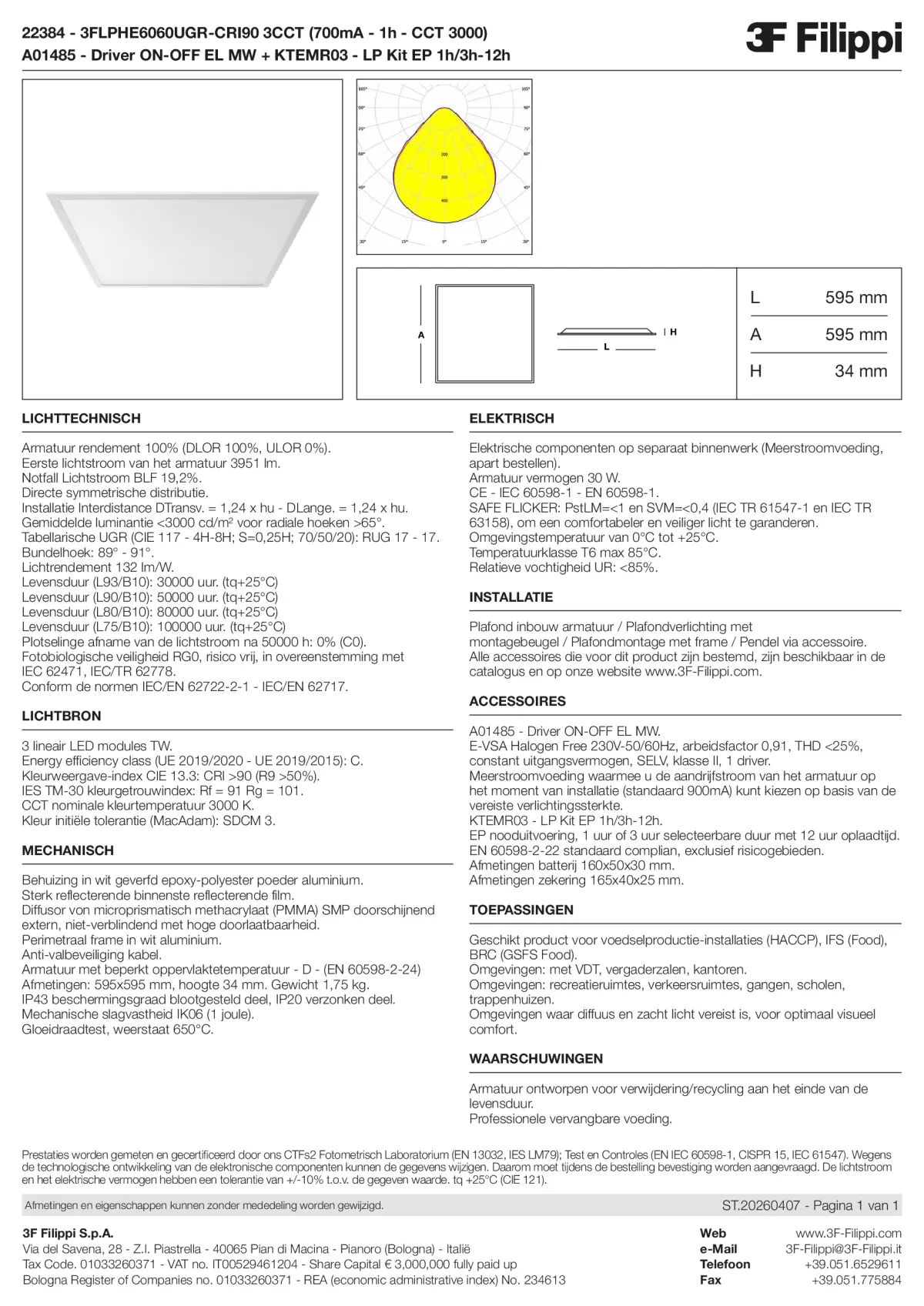 22384+A01485+KTEMR03 - 3FLPHE6060UGR-CRI90 3CCT (700mA - 1h - CCT 3000) + ON-OFF EL MW + Kit EP 1h-3h - Datasheet - nl