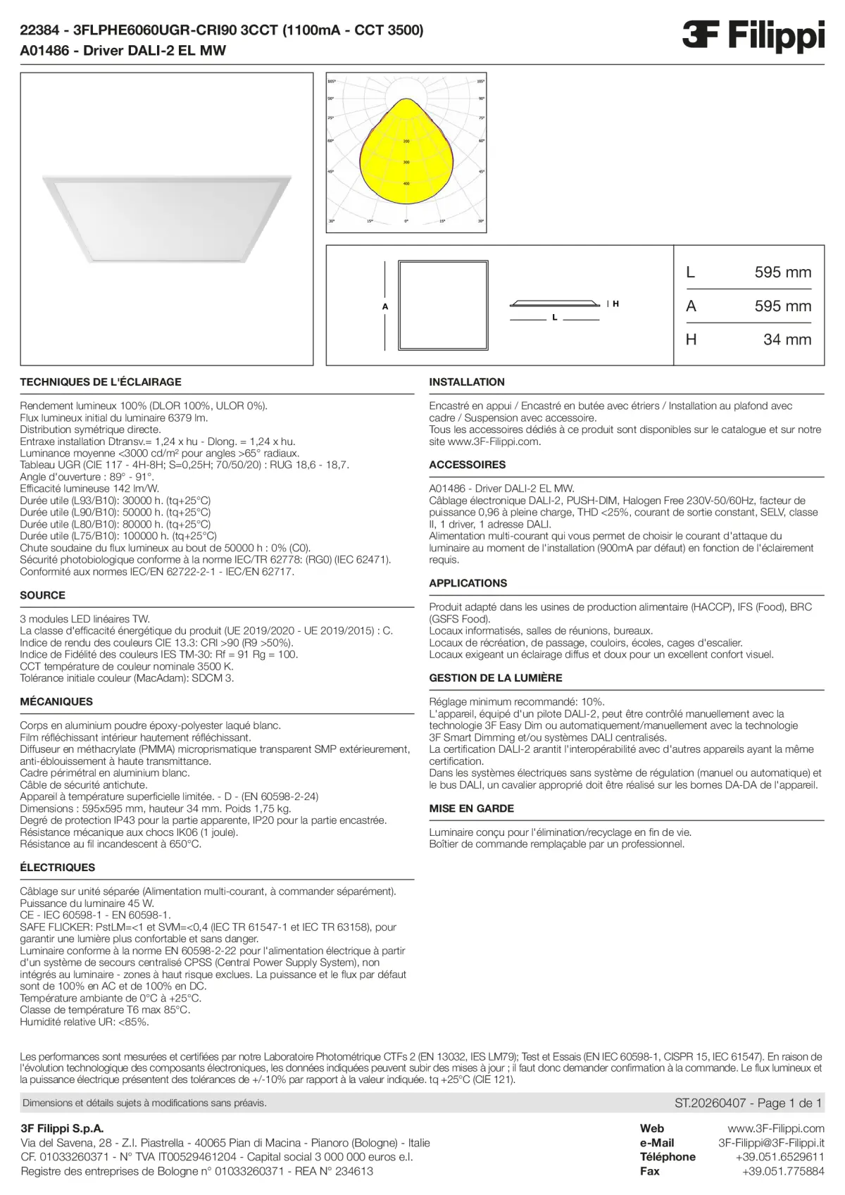 22384+A01486 - 3FLPHE6060UGR-CRI90 3CCT (1100mA - CCT 3500) + DALI-2 EL MW - Datasheet - fr