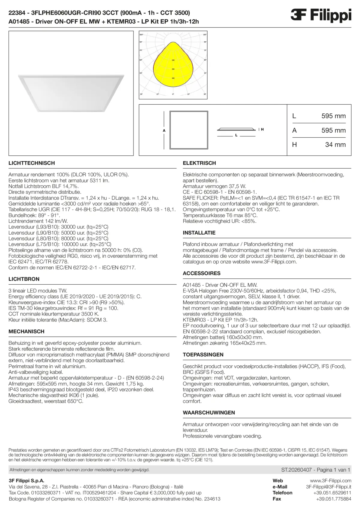 22384+A01485+KTEMR03 - 3FLPHE6060UGR-CRI90 3CCT (900mA - 1h - CCT 3500) + ON-OFF EL MW + Kit EP 1h-3h - Datasheet - nl