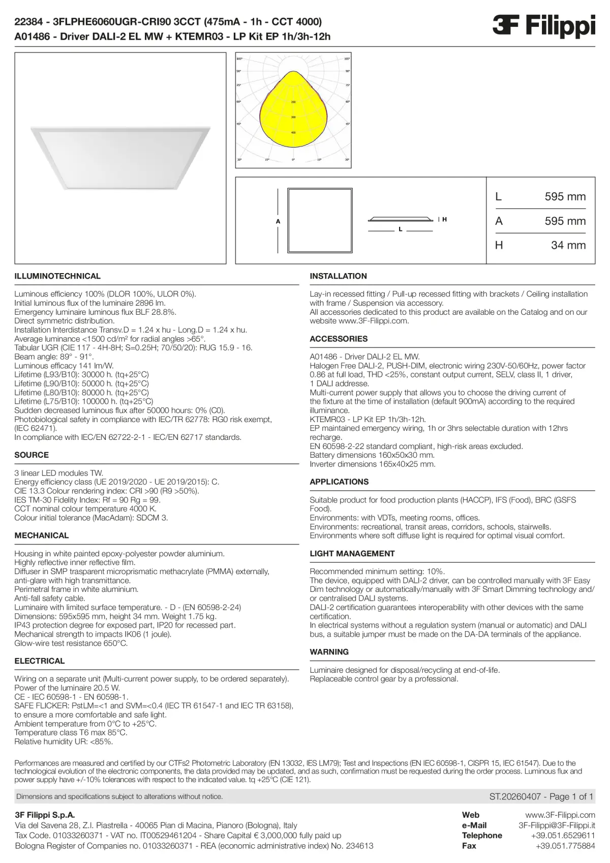 22384+A01486+KTEMR03 - 3FLPHE6060UGR-CRI90 3CCT (475mA - 1h - CCT 4000) + DALI-2 EL MW + Kit EP 1h-3h - Datasheet - en