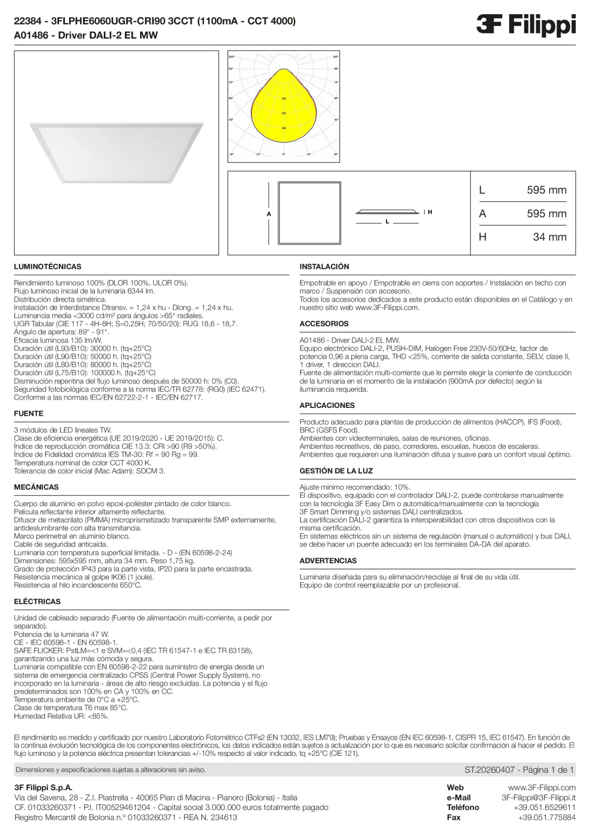 22384+A01486 - 3FLPHE6060UGR-CRI90 3CCT (1100mA - CCT 4000) + DALI-2 EL MW - Datasheet - es