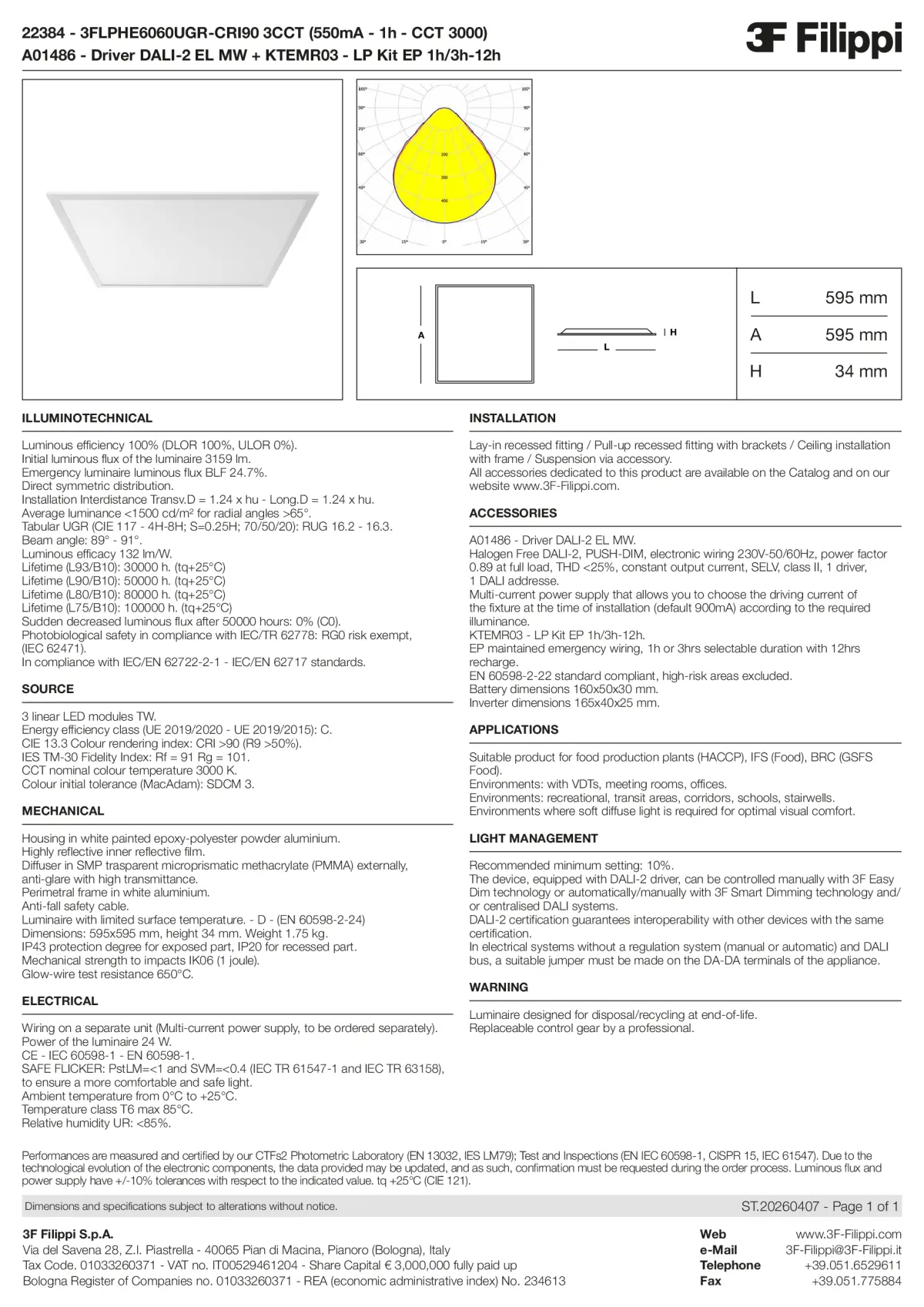 22384+A01486+KTEMR03 - 3FLPHE6060UGR-CRI90 3CCT (550mA - 1h - CCT 3000) + DALI-2 EL MW + Kit EP 1h-3h - Datasheet - en