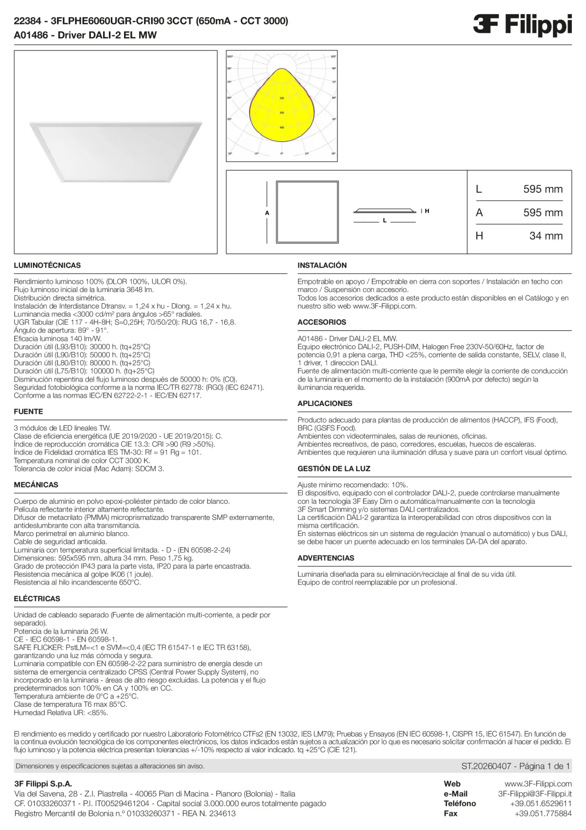 22384+A01486 - 3FLPHE6060UGR-CRI90 3CCT (650mA - CCT 3000) + DALI-2 EL MW - Datasheet - es