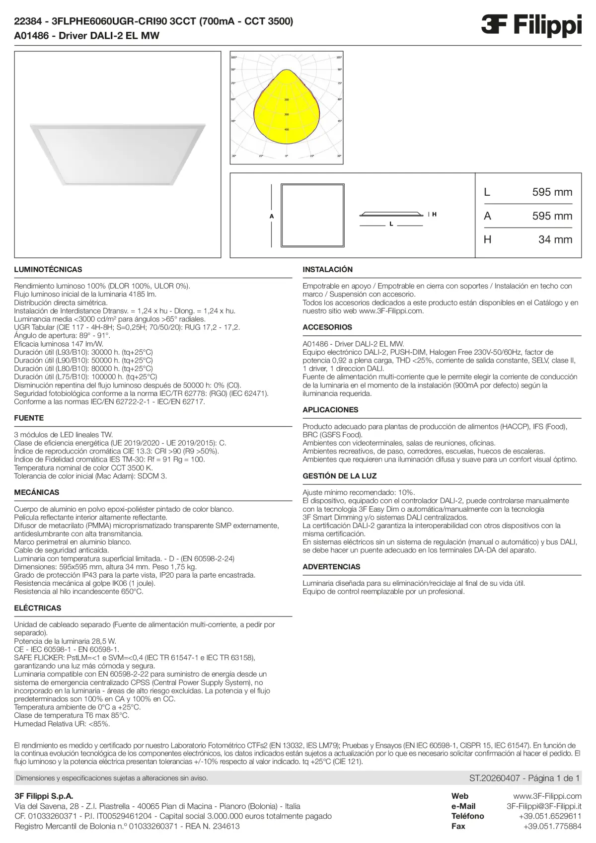 22384+A01486 - 3FLPHE6060UGR-CRI90 3CCT (700mA - CCT 3500) + DALI-2 EL MW - Datasheet - es