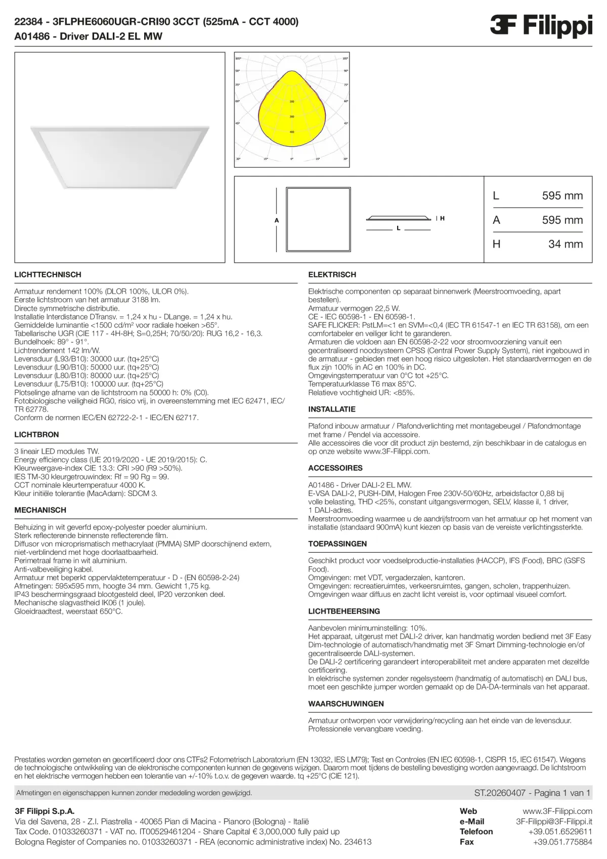 22384+A01486 - 3FLPHE6060UGR-CRI90 3CCT (525mA - CCT 4000) + DALI-2 EL MW - Datasheet - nl