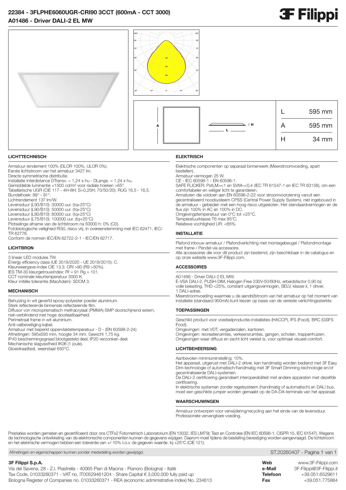 22384+A01486 - 3FLPHE6060UGR-CRI90 3CCT (600mA - CCT 3000) + DALI-2 EL MW - Datasheet - nl