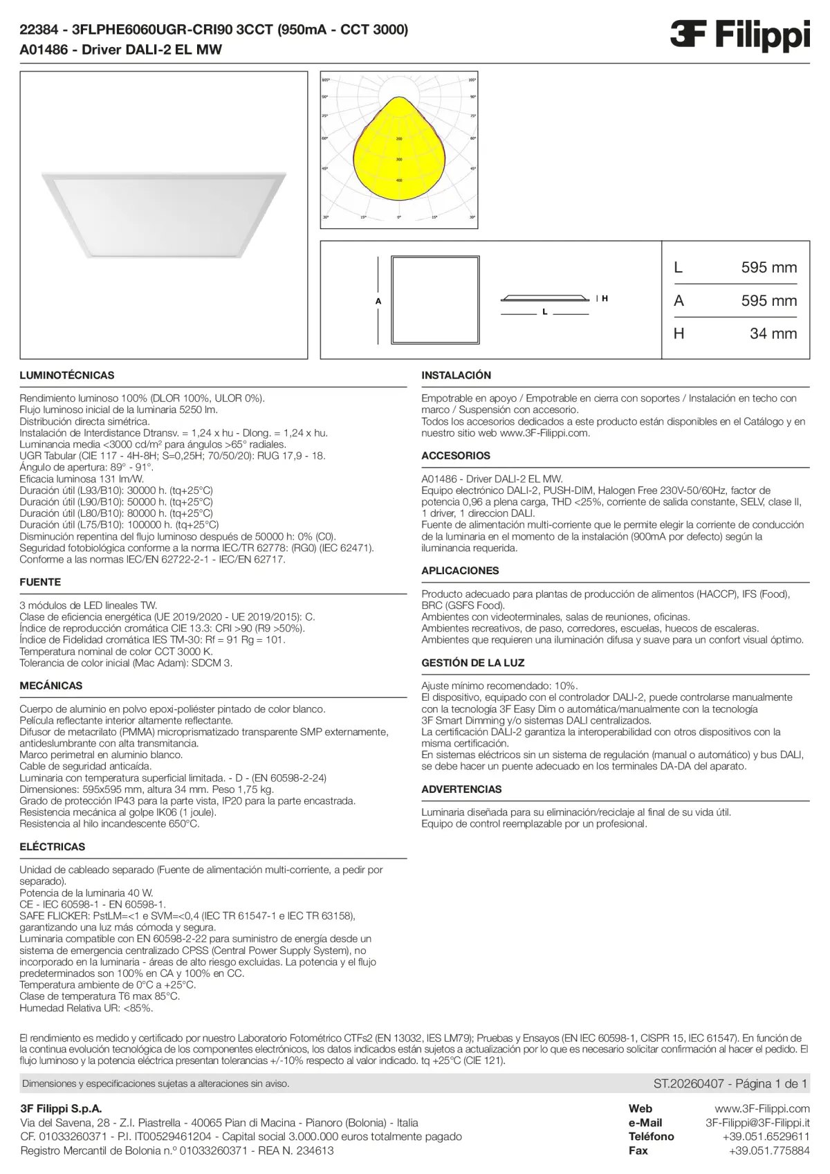 22384+A01486 - 3FLPHE6060UGR-CRI90 3CCT (950mA - CCT 3000) + DALI-2 EL MW - Datasheet - es