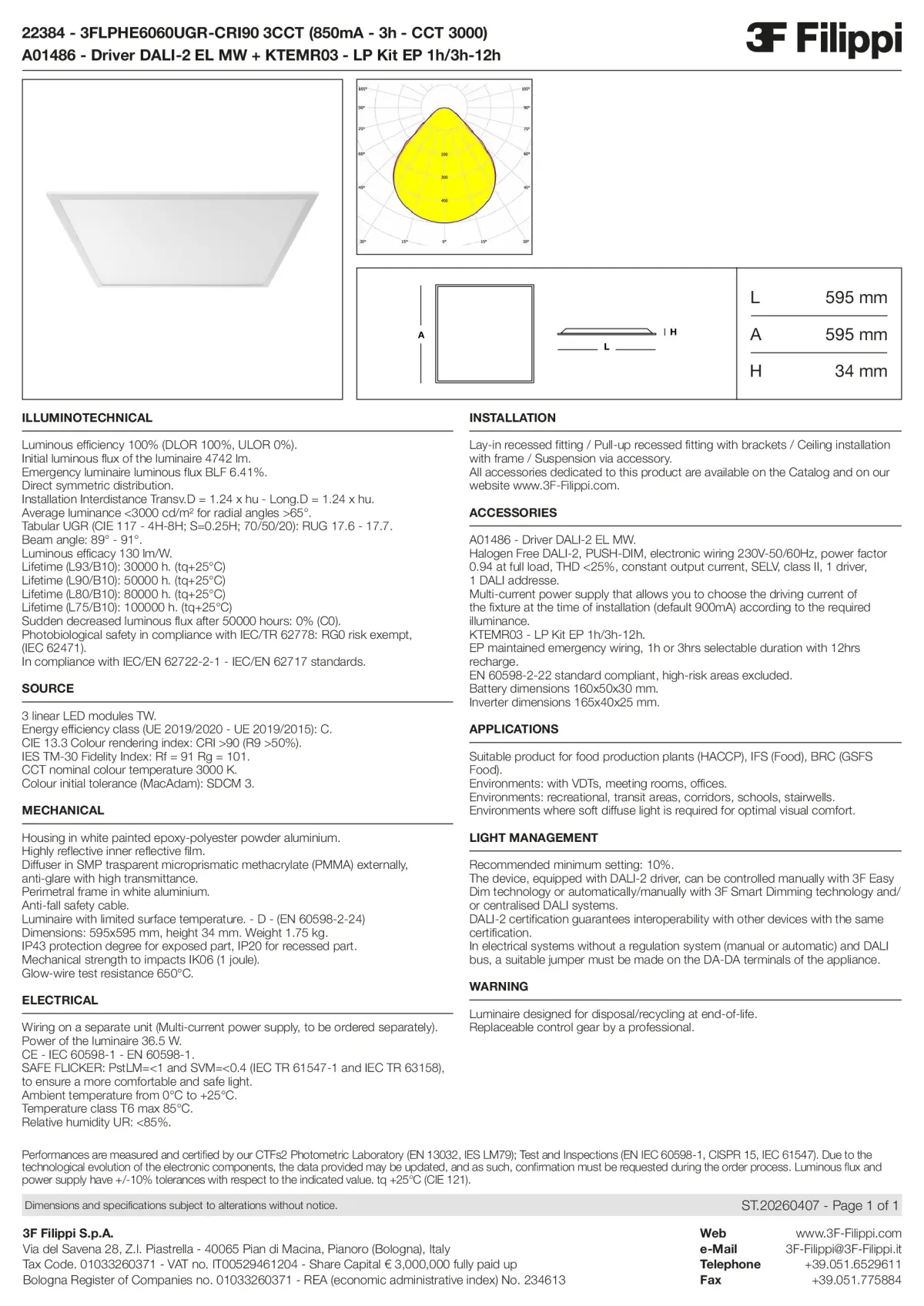 22384+A01486+KTEMR03 - 3FLPHE6060UGR-CRI90 3CCT (850mA - 3h - CCT 3000) + DALI-2 EL MW + Kit EP 1h-3h - Datasheet - en