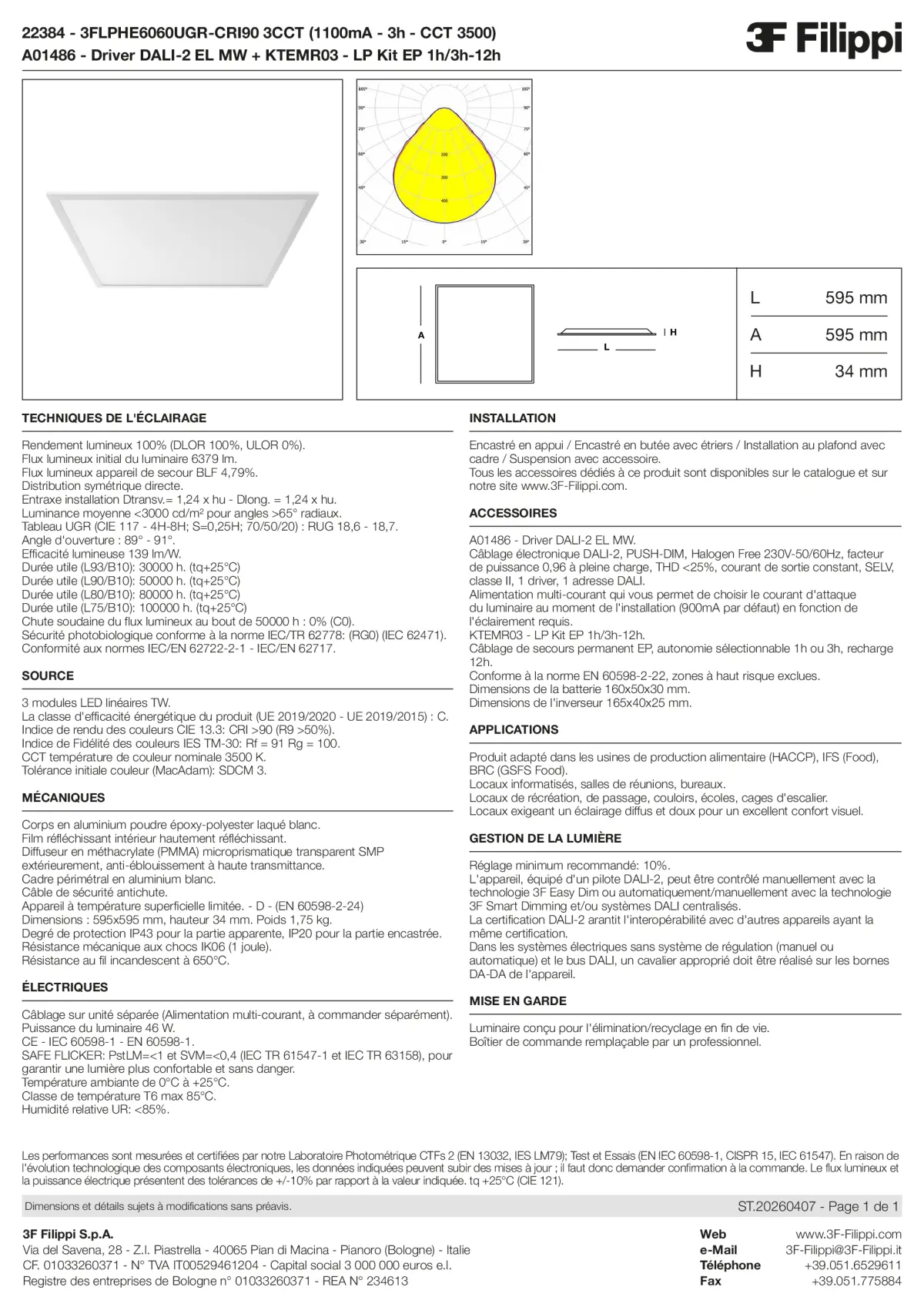 22384+A01486+KTEMR03 - 3FLPHE6060UGR-CRI90 3CCT (1100mA - 3h - CCT 3500) + DALI-2 EL MW + Kit EP 1h-3h - Datasheet - fr