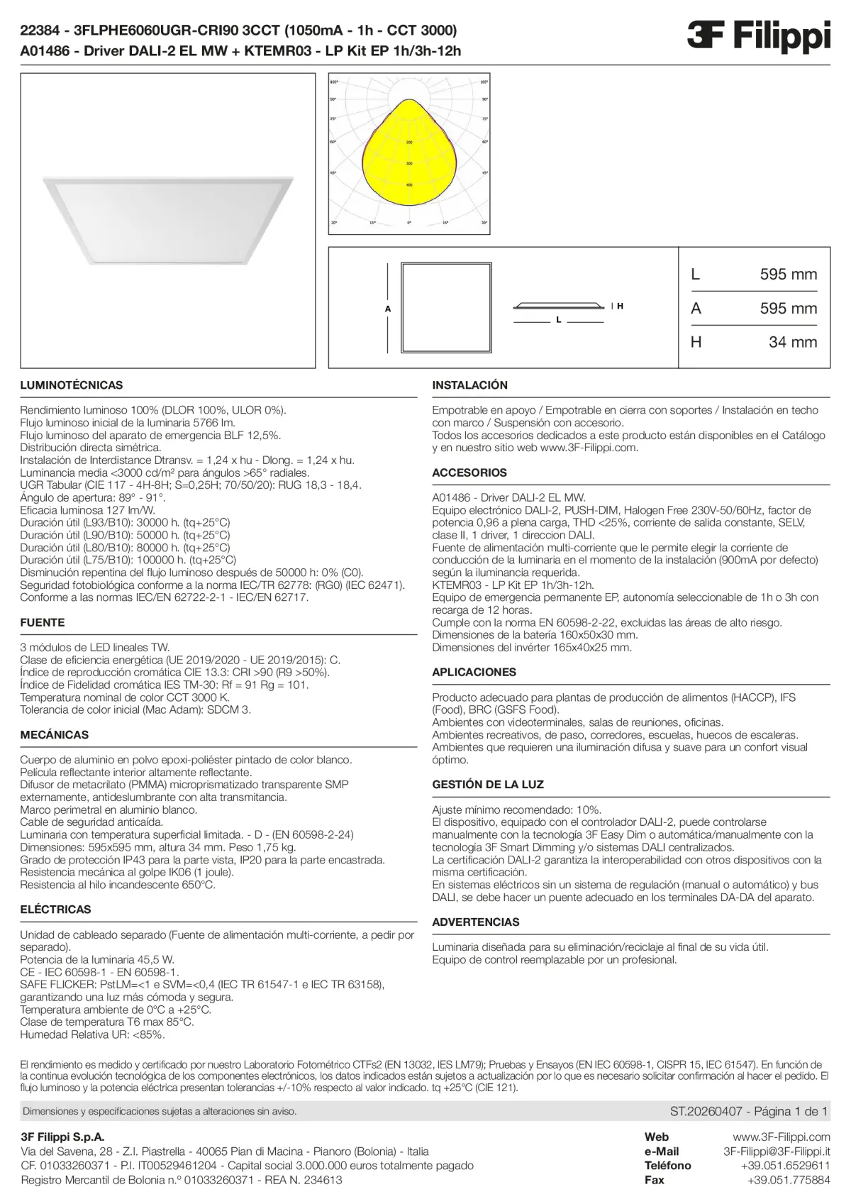 22384+A01486+KTEMR03 - 3FLPHE6060UGR-CRI90 3CCT (1050mA - 1h - CCT 3000) + DALI-2 EL MW + Kit EP 1h-3h - Datasheet - es