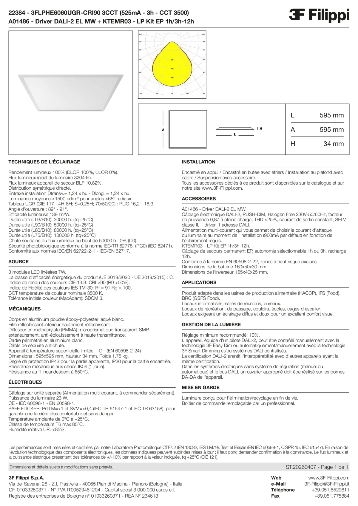 22384+A01486+KTEMR03 - 3FLPHE6060UGR-CRI90 3CCT (525mA - 3h - CCT 3500) + DALI-2 EL MW + Kit EP 1h-3h - Datasheet - fr