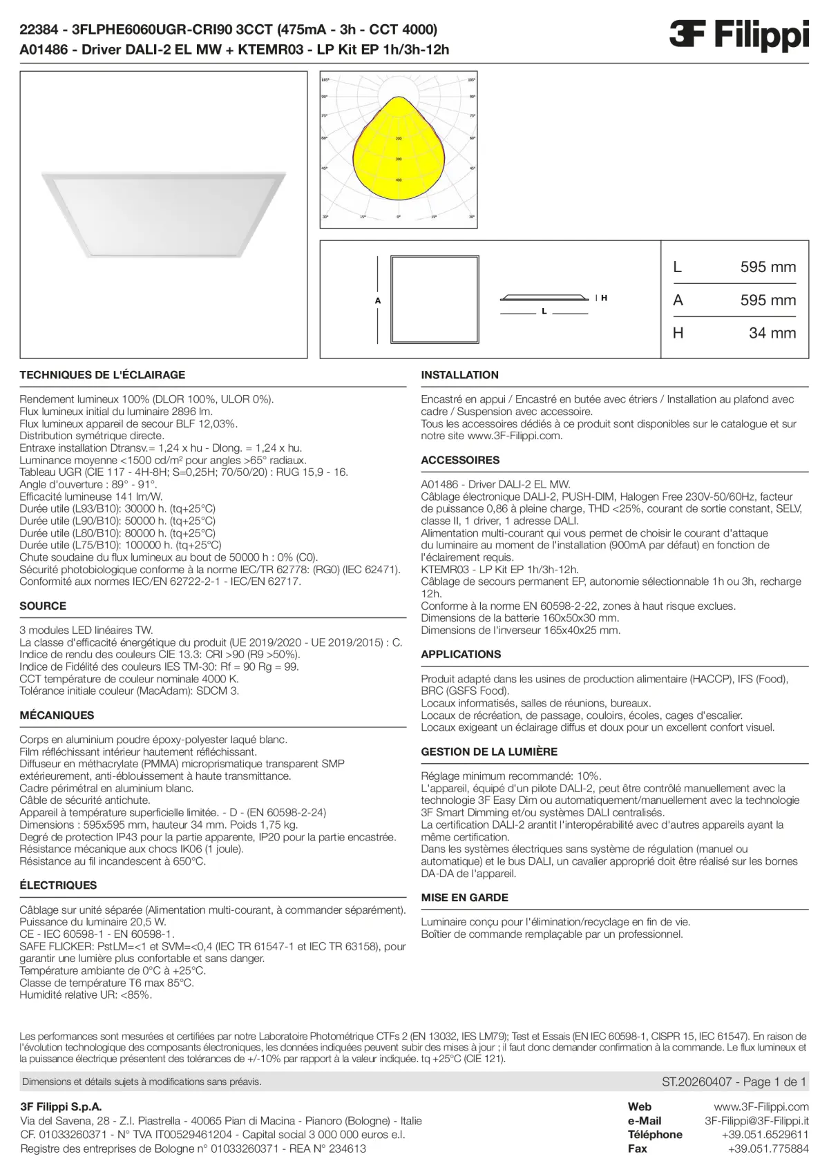 22384+A01486+KTEMR03 - 3FLPHE6060UGR-CRI90 3CCT (475mA - 3h - CCT 4000) + DALI-2 EL MW + Kit EP 1h-3h - Datasheet - fr