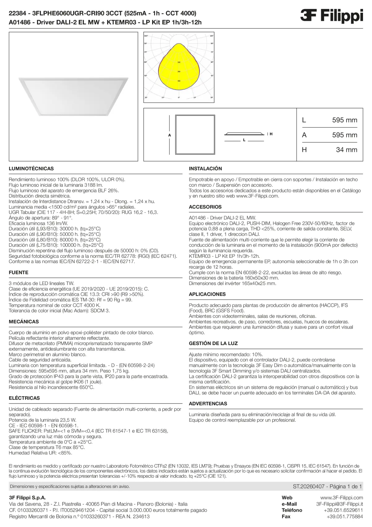 22384+A01486+KTEMR03 - 3FLPHE6060UGR-CRI90 3CCT (525mA - 1h - CCT 4000) + DALI-2 EL MW + Kit EP 1h-3h - Datasheet - es