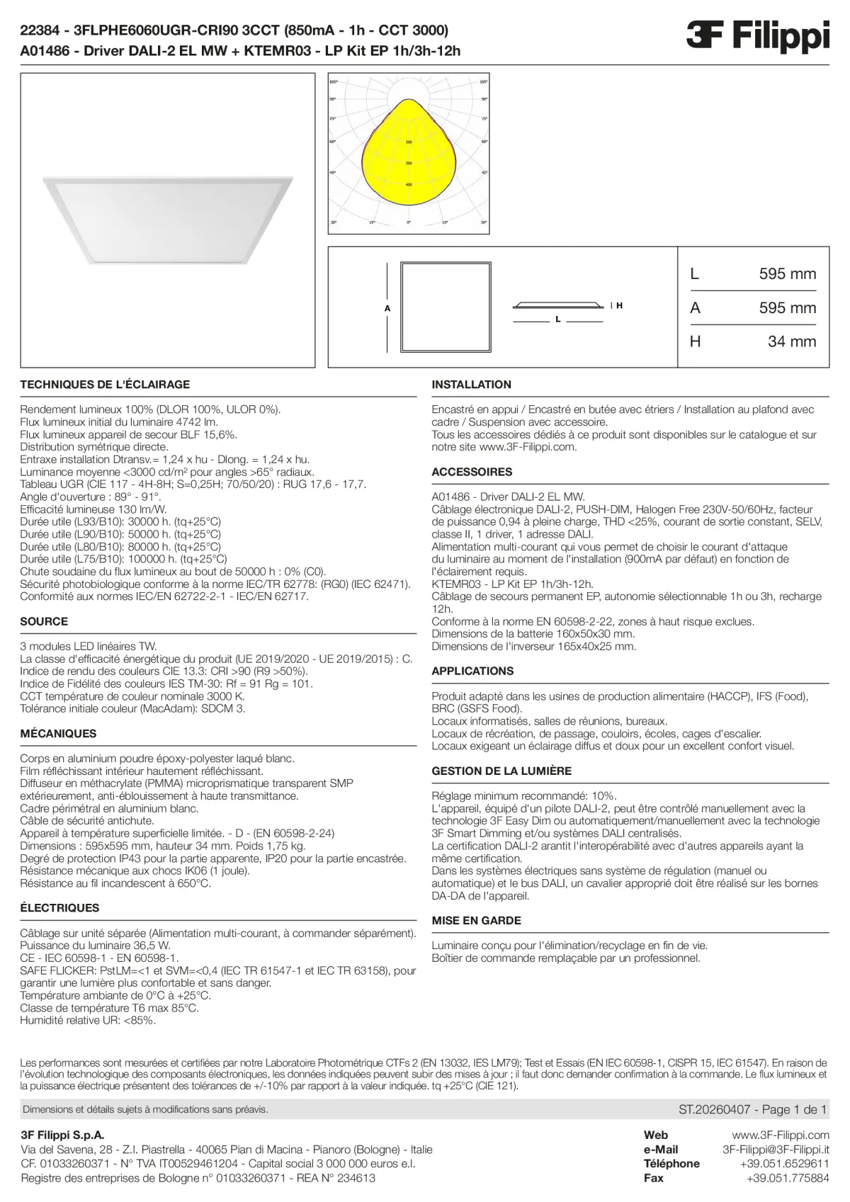 22384+A01486+KTEMR03 - 3FLPHE6060UGR-CRI90 3CCT (850mA - 1h - CCT 3000) + DALI-2 EL MW + Kit EP 1h-3h - Datasheet - fr