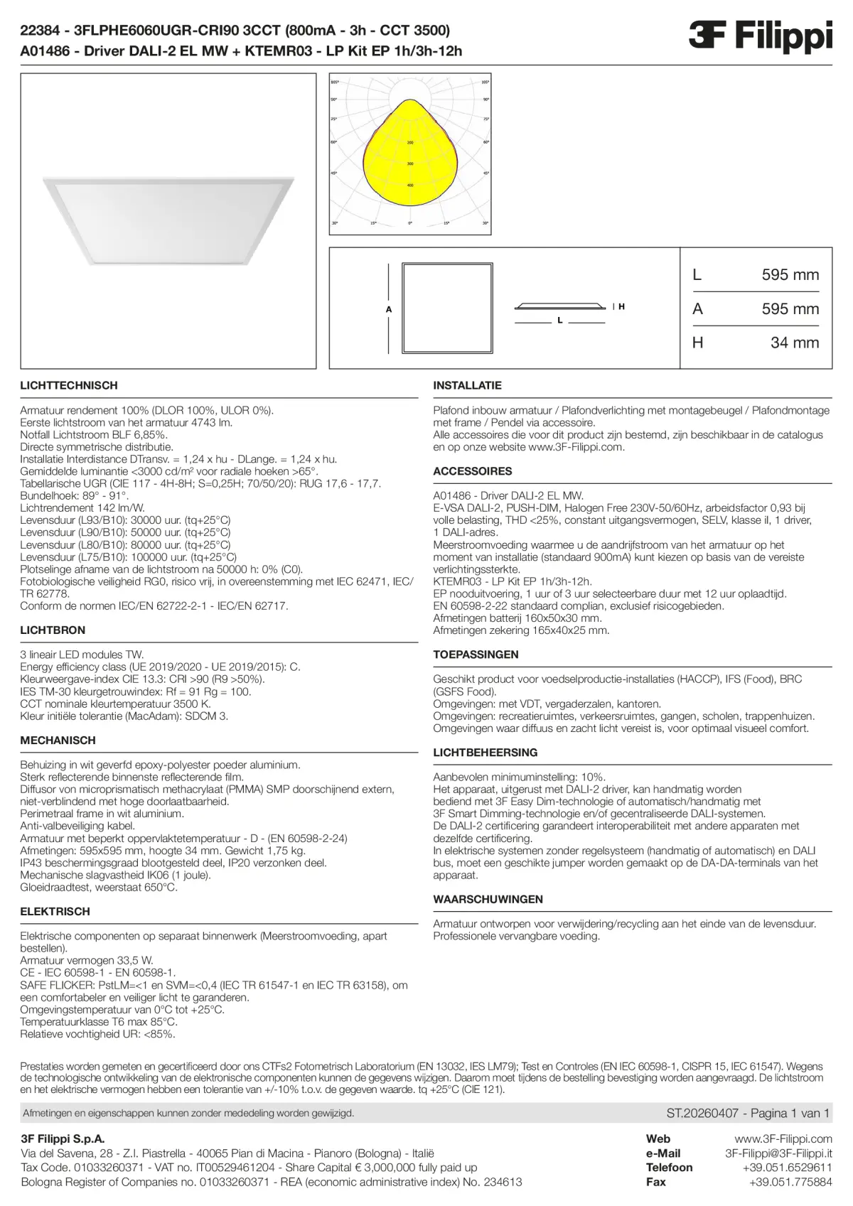 22384+A01486+KTEMR03 - 3FLPHE6060UGR-CRI90 3CCT (800mA - 3h - CCT 3500) + DALI-2 EL MW + Kit EP 1h-3h - Datasheet - nl