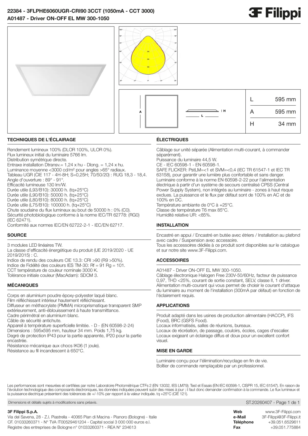 22384+A01487 - 3FLPHE6060UGR-CRI90 3CCT (1050mA - CCT 3000) + ON-OFF EL MW 300-1050 - Datasheet - fr