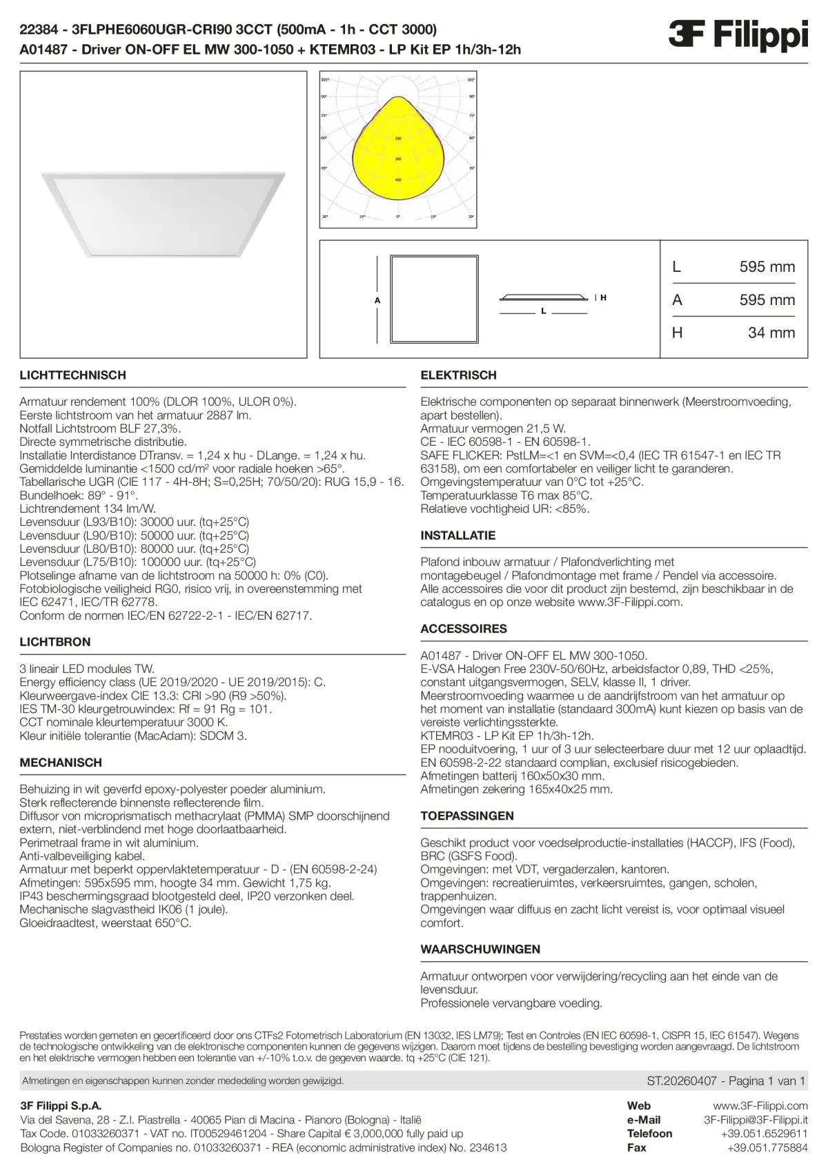 22384+A01487+KTEMR03 - 3FLPHE6060UGR-CRI90 3CCT (500mA - 1h - CCT 3000) + ON-OFF EL MW 300-1050 + Kit EP 1h-3h - Datasheet - nl