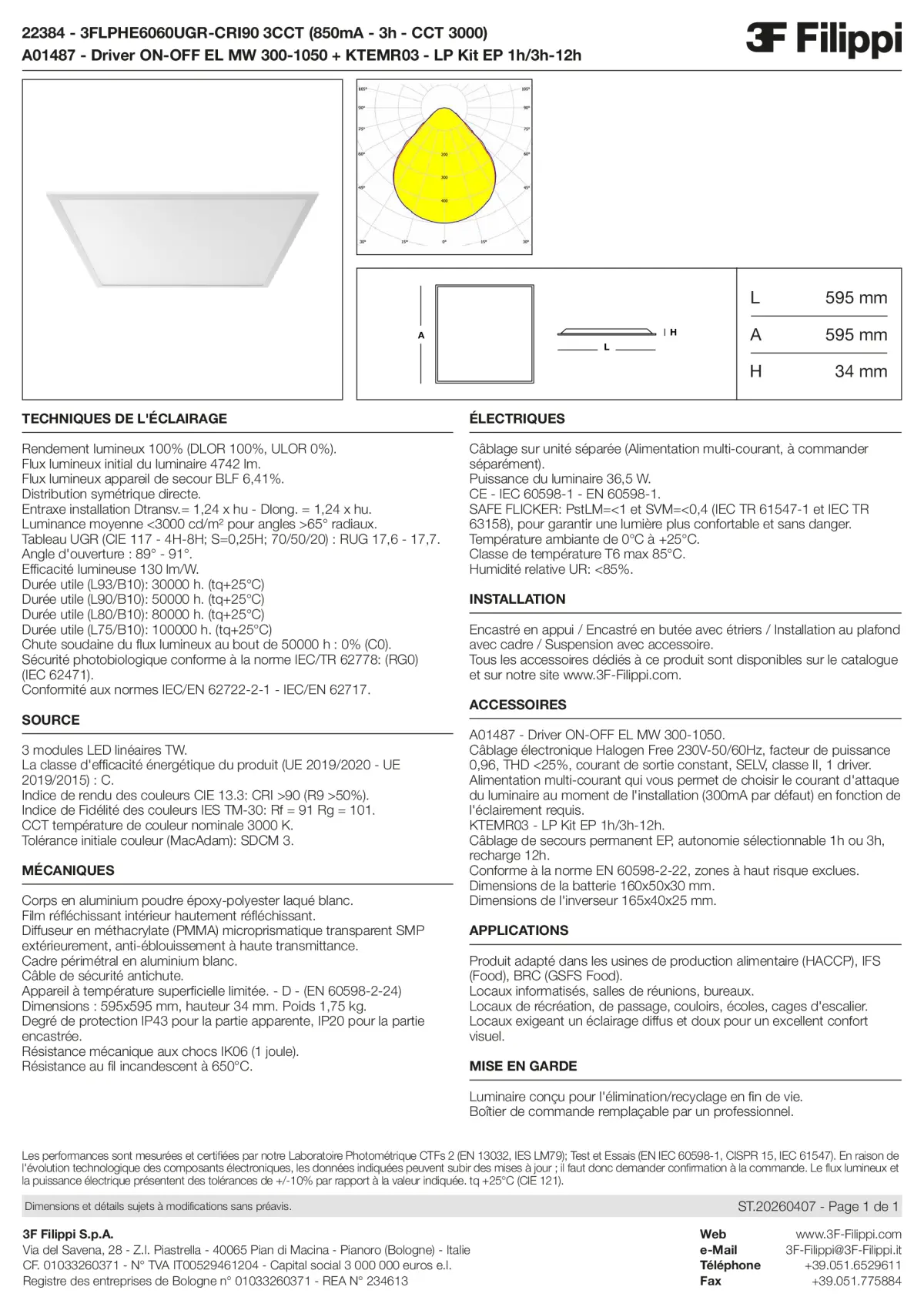 22384+A01487+KTEMR03 - 3FLPHE6060UGR-CRI90 3CCT (850mA - 3h - CCT 3000) + ON-OFF EL MW 300-1050 + Kit EP 1h-3h - Datasheet - fr