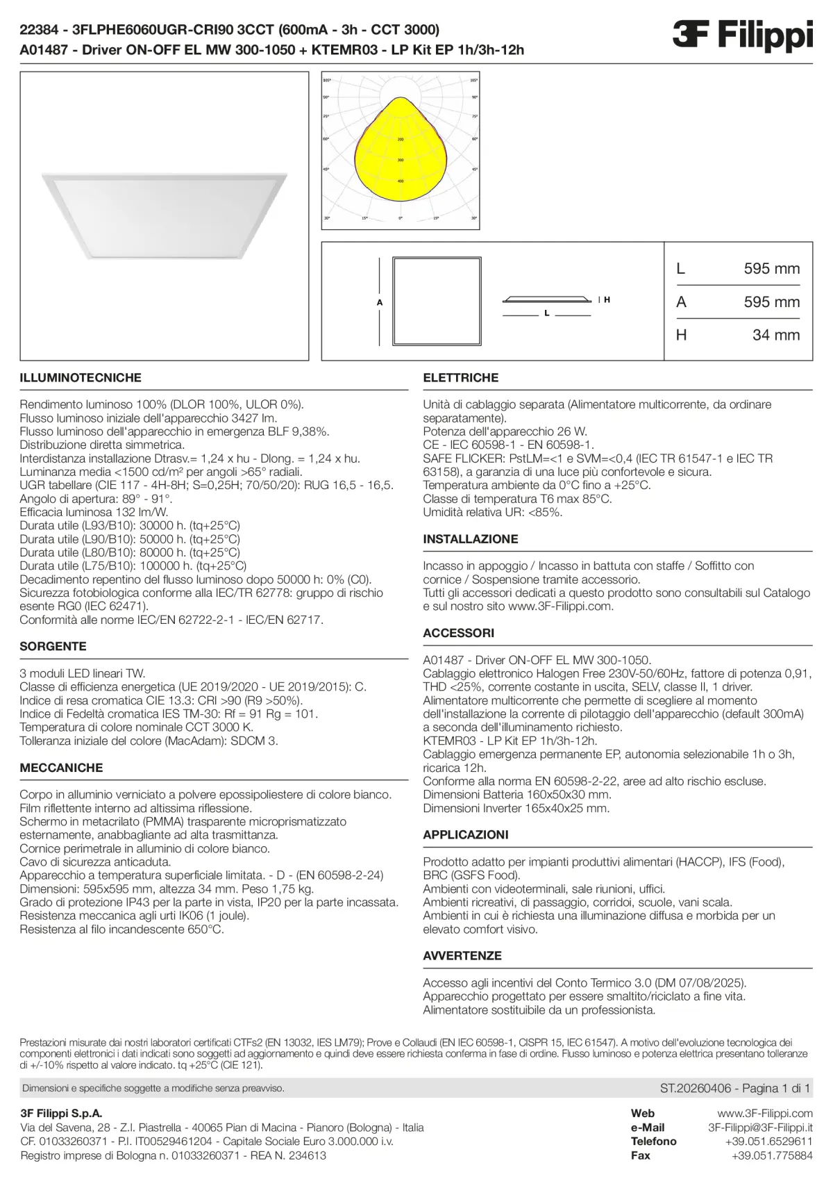 22384+A01487+KTEMR03 - 3FLPHE6060UGR-CRI90 3CCT (600mA - 3h - CCT 3000) + ON-OFF EL MW 300-1050 + Kit EP 1h-3h - Datasheet - it