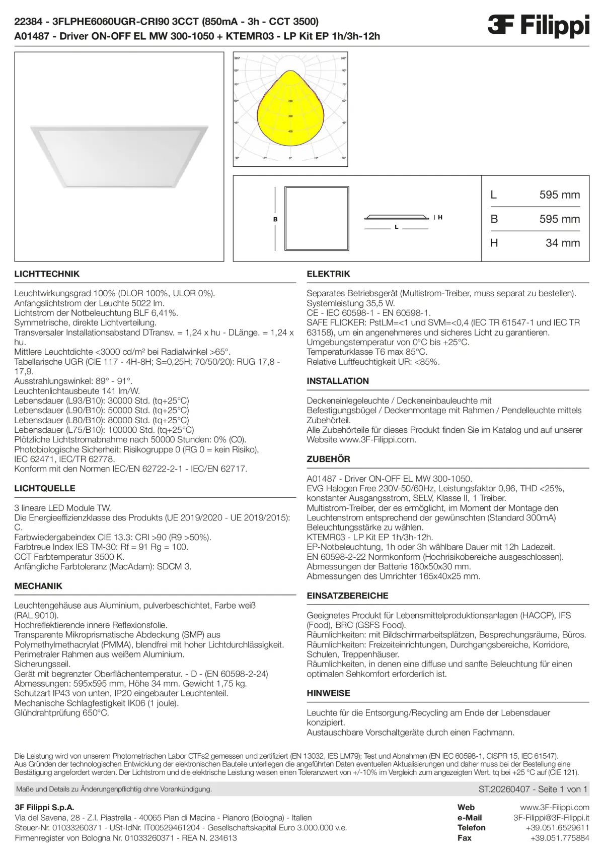 22384+A01487+KTEMR03 - 3FLPHE6060UGR-CRI90 3CCT (850mA - 3h - CCT 3500) + ON-OFF EL MW 300-1050 + Kit EP 1h-3h - Datasheet - de