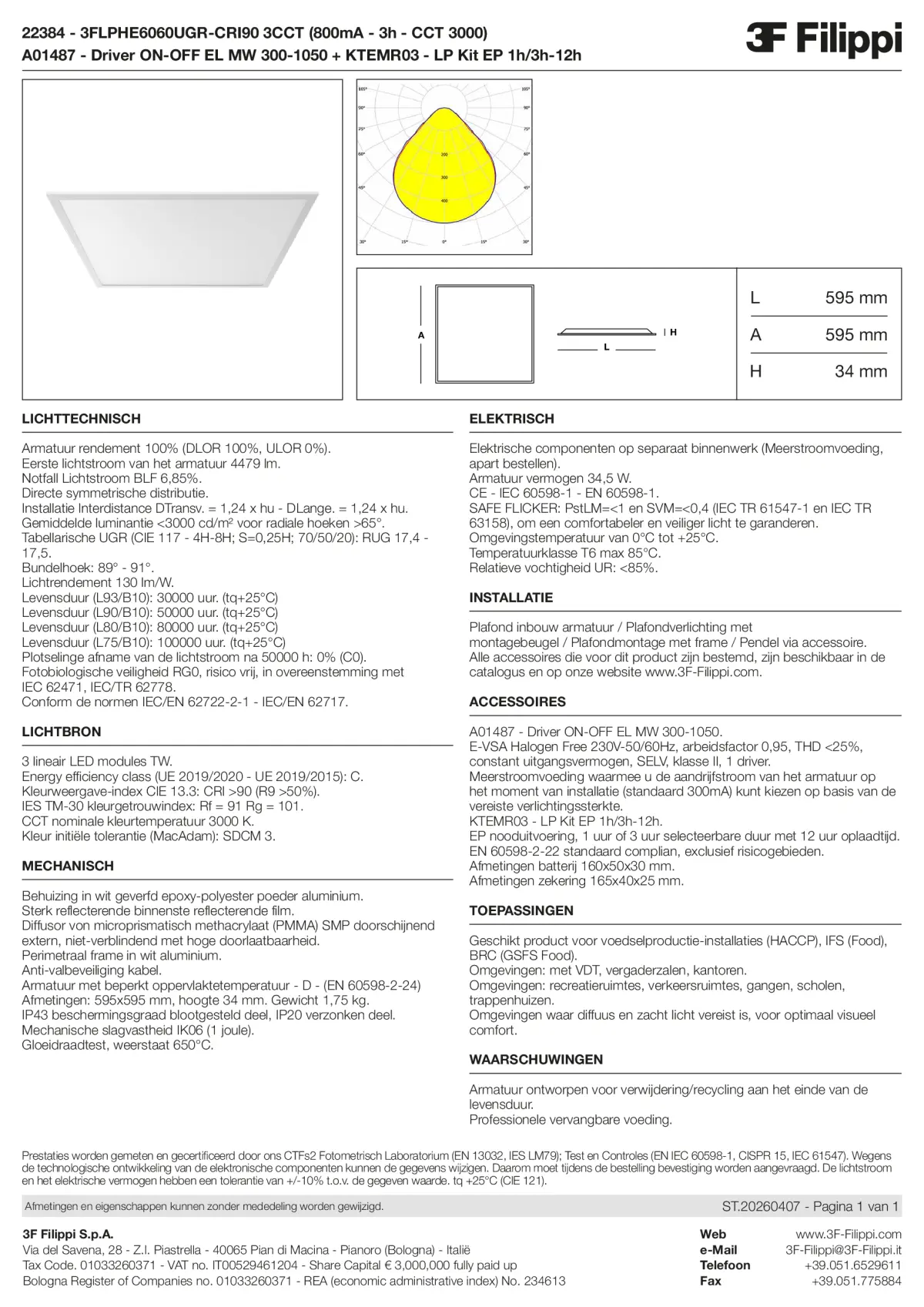 22384+A01487+KTEMR03 - 3FLPHE6060UGR-CRI90 3CCT (800mA - 3h - CCT 3000) + ON-OFF EL MW 300-1050 + Kit EP 1h-3h - Datasheet - nl