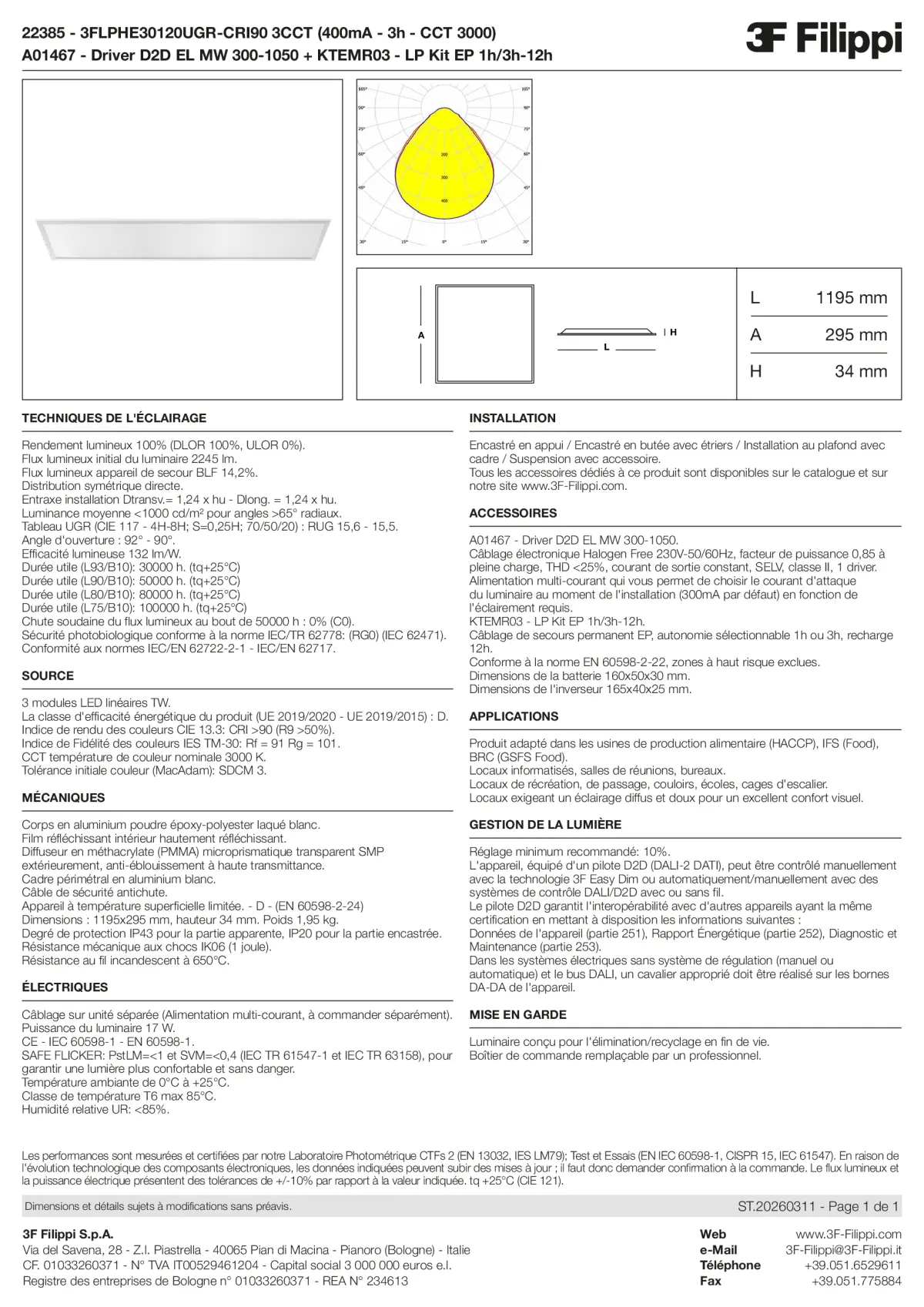 22385+A01467+KTEMR03 - 3FLPHE30120UGR-CRI90 3CCT (400mA - 3h - CCT 3000) + D2D EL MW 300-1050 + Kit EP 1h-3h - Datasheet - fr