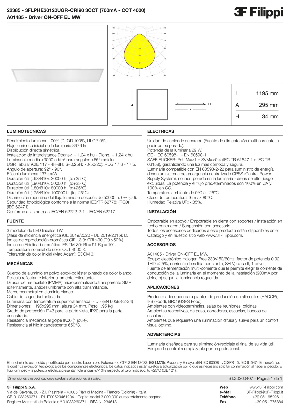22385+A01485 - 3FLPHE30120UGR-CRI90 3CCT (700mA - CCT 4000) + ON-OFF EL MW - Datasheet - es