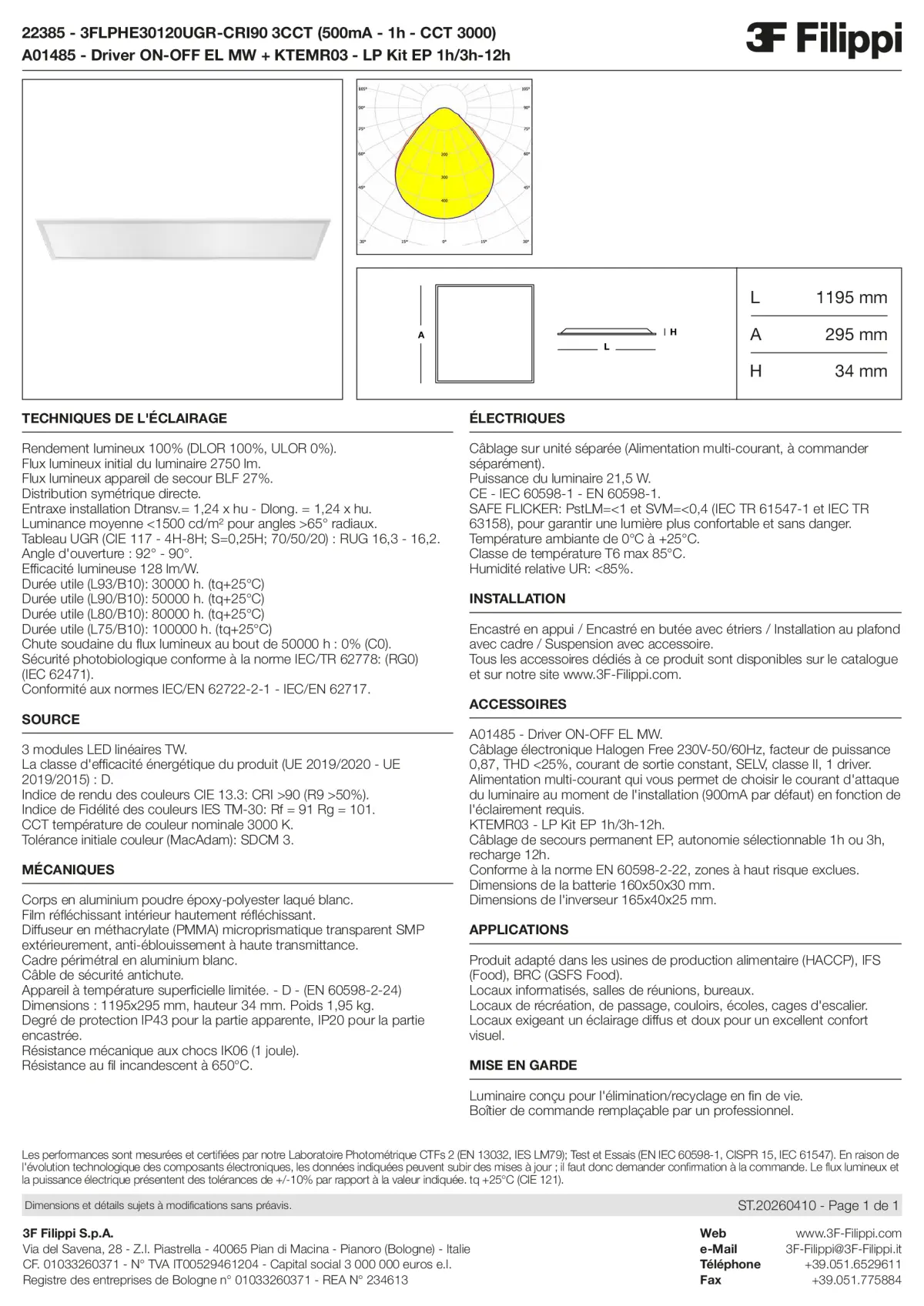 22385+A01485+KTEMR03 - 3FLPHE30120UGR-CRI90 3CCT (500mA - 1h - CCT 3000) + ON-OFF EL MW + Kit EP 1h-3h - Datasheet - fr