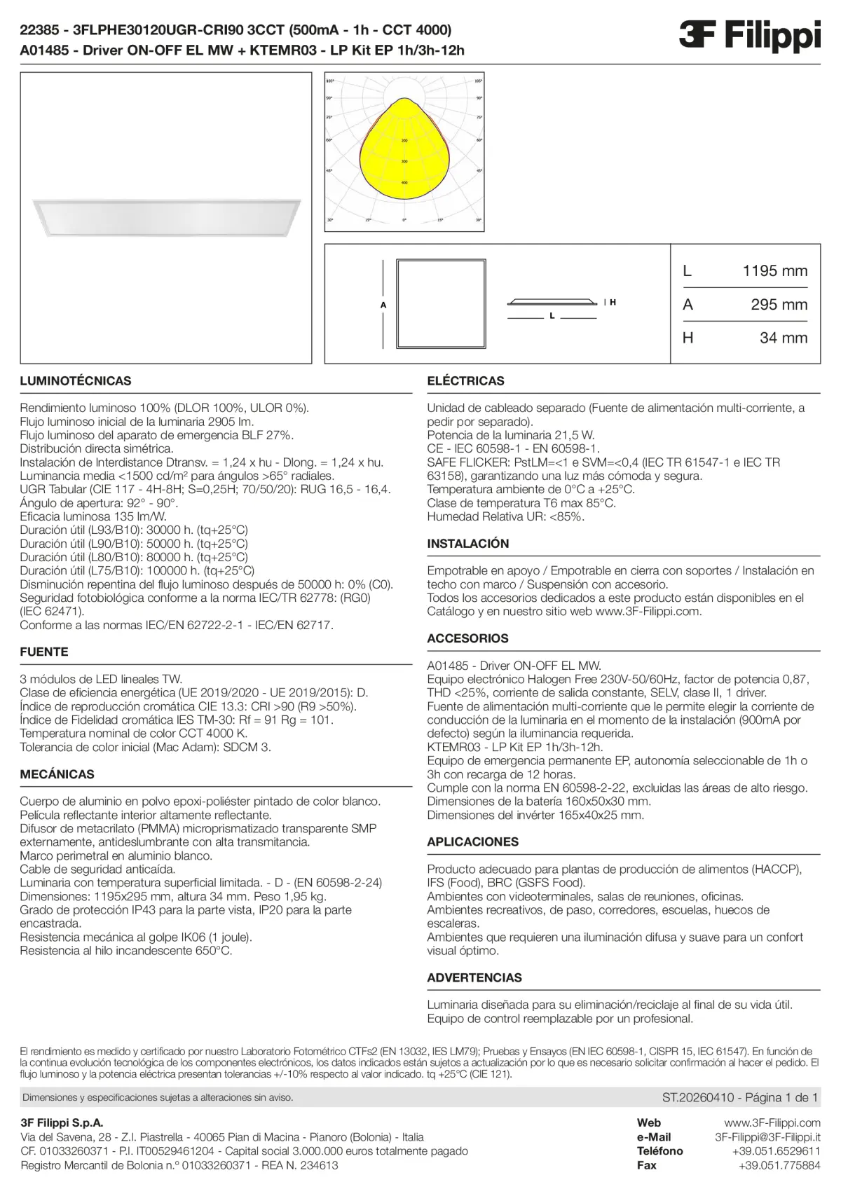 22385+A01485+KTEMR03 - 3FLPHE30120UGR-CRI90 3CCT (500mA - 1h - CCT 4000) + ON-OFF EL MW + Kit EP 1h-3h - Datasheet - es
