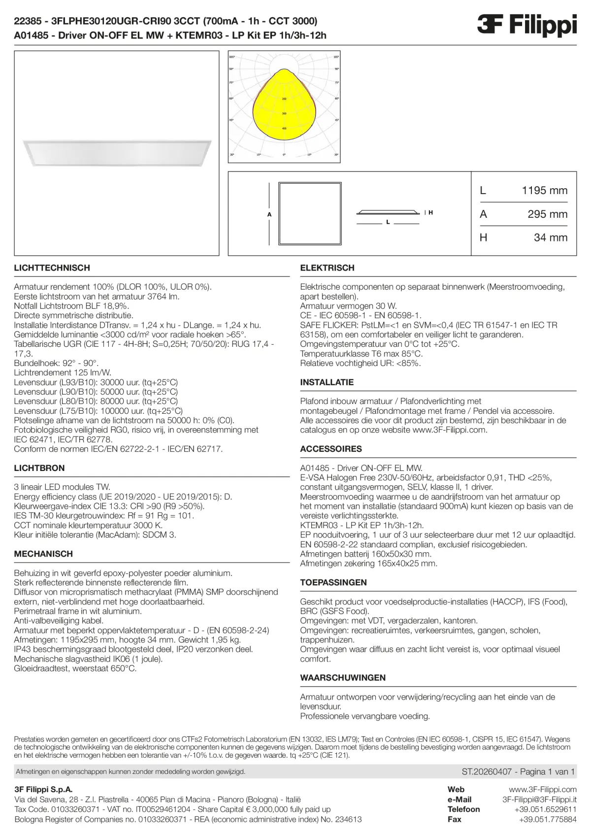 22385+A01485+KTEMR03 - 3FLPHE30120UGR-CRI90 3CCT (700mA - 1h - CCT 3000) + ON-OFF EL MW + Kit EP 1h-3h - Datasheet - nl
