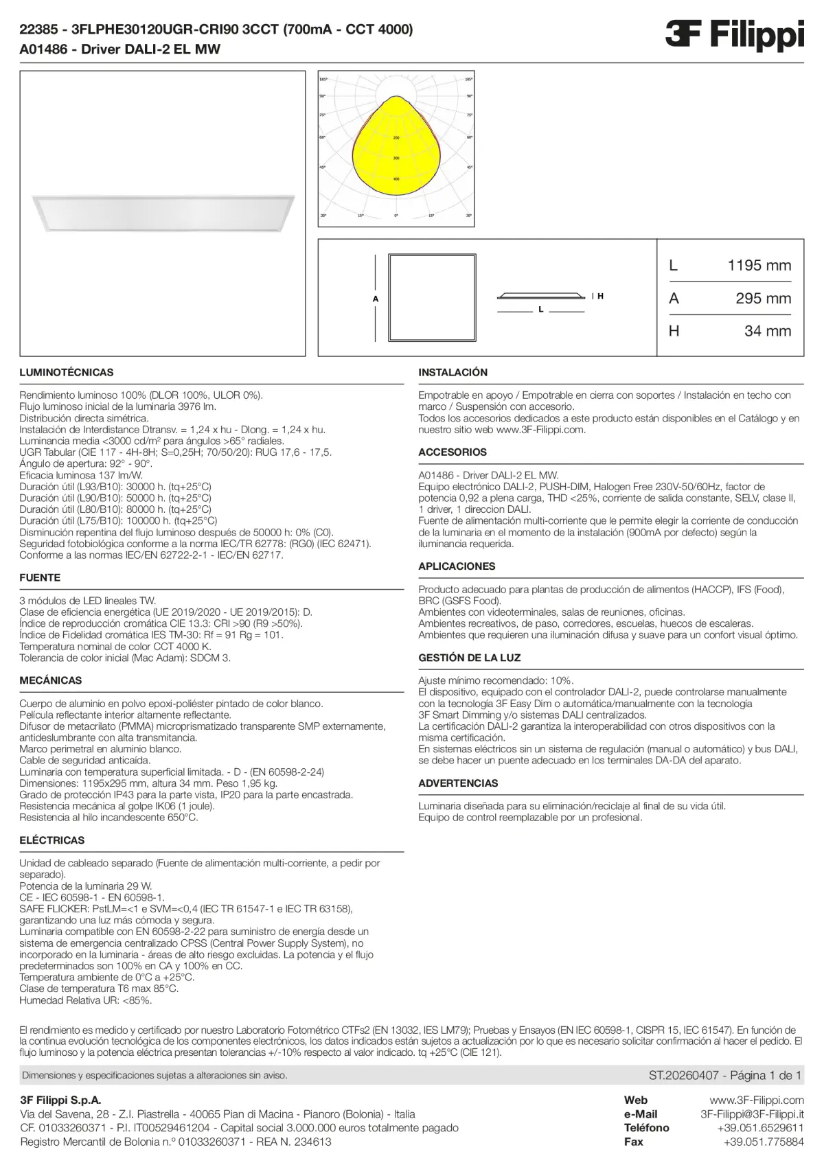 22385+A01486 - 3FLPHE30120UGR-CRI90 3CCT (700mA - CCT 4000) + DALI-2 EL MW - Datasheet - es