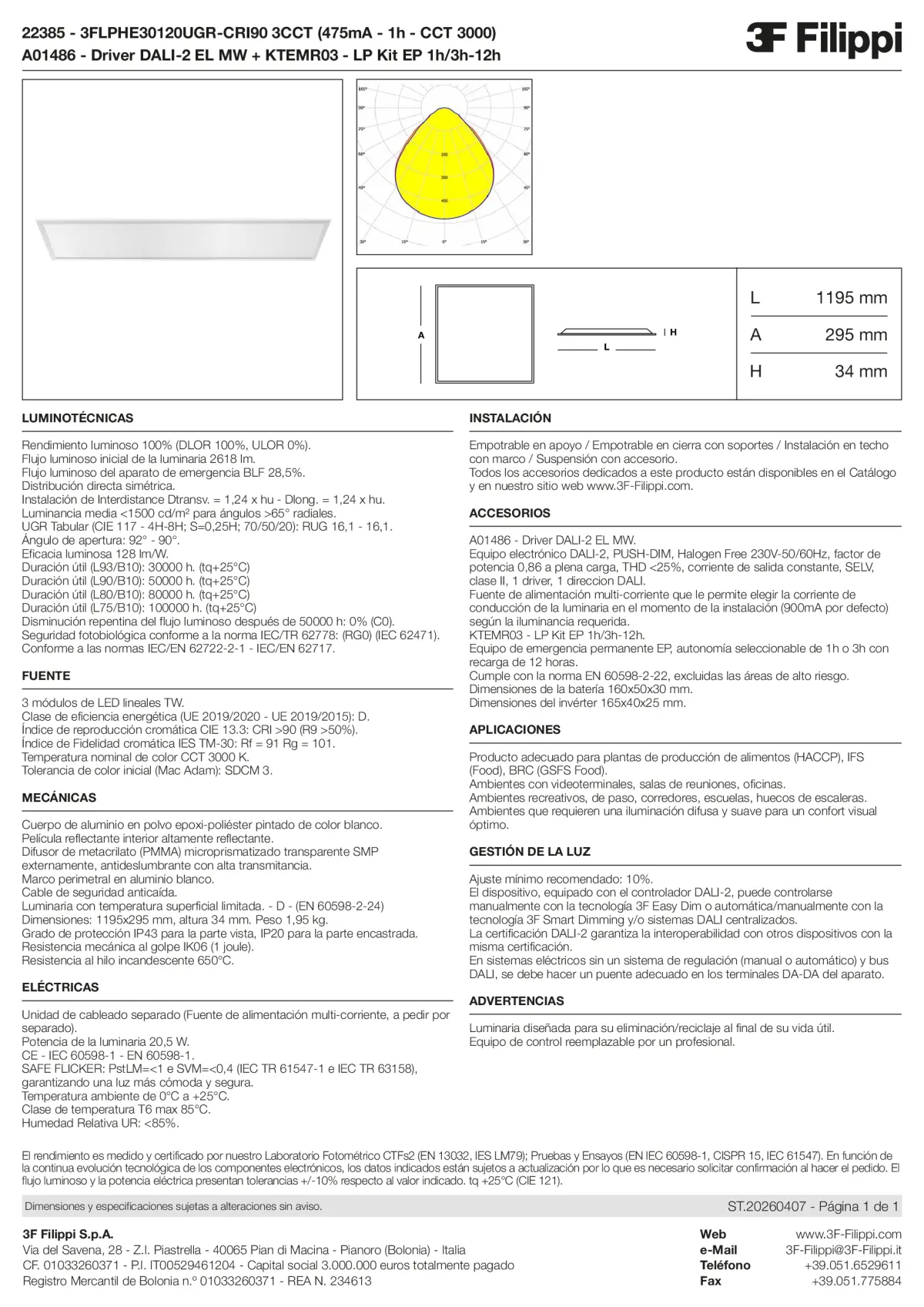 22385+A01486+KTEMR03 - 3FLPHE30120UGR-CRI90 3CCT (475mA - 1h - CCT 3000) + DALI-2 EL MW + Kit EP 1h-3h - Datasheet - es