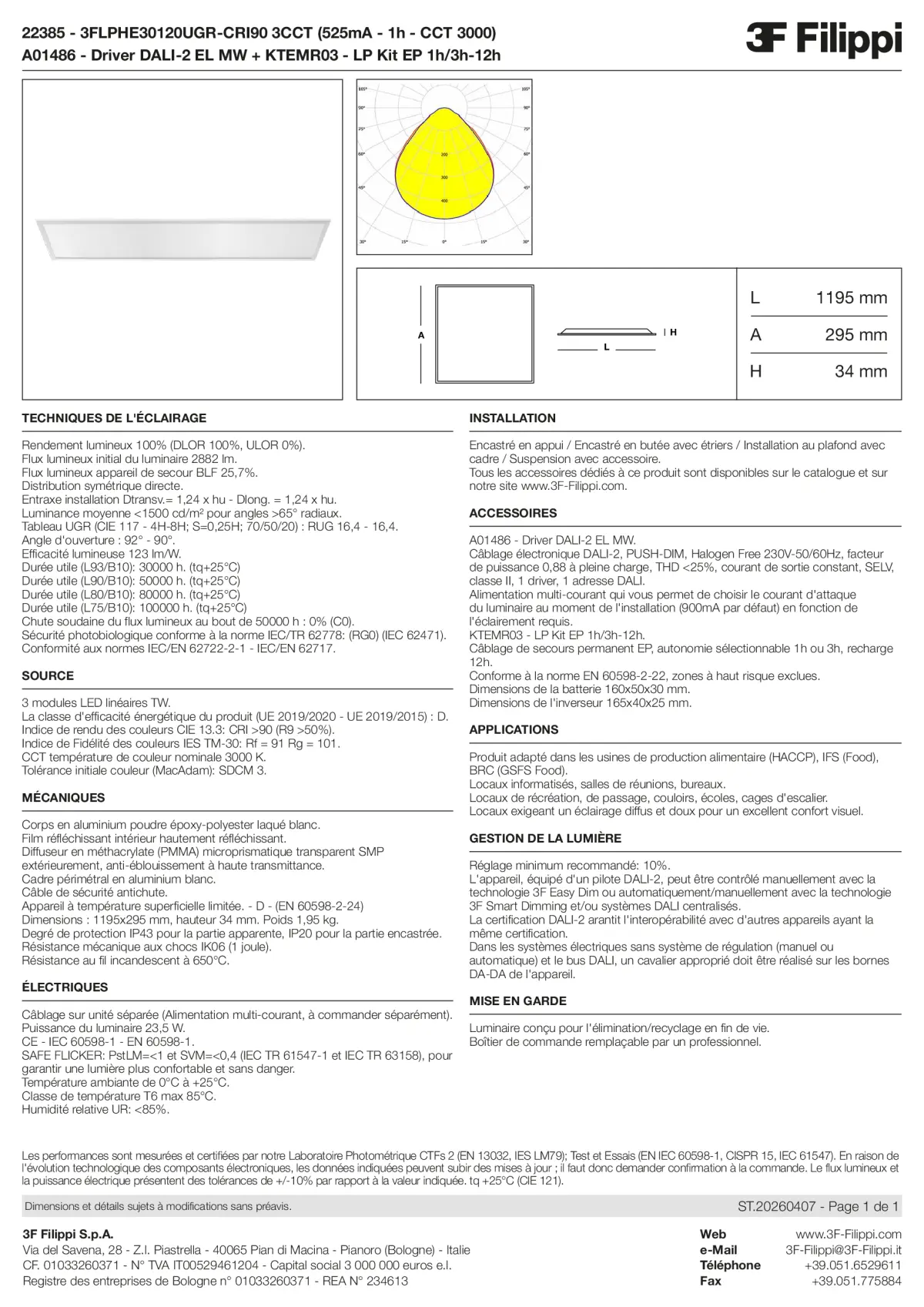 22385+A01486+KTEMR03 - 3FLPHE30120UGR-CRI90 3CCT (525mA - 1h - CCT 3000) + DALI-2 EL MW + Kit EP 1h-3h - Datasheet - fr