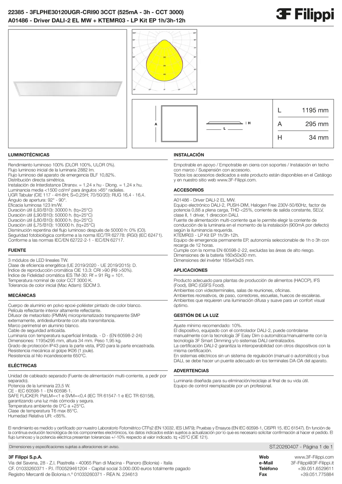 22385+A01486+KTEMR03 - 3FLPHE30120UGR-CRI90 3CCT (525mA - 3h - CCT 3000) + DALI-2 EL MW + Kit EP 1h-3h - Datasheet - es
