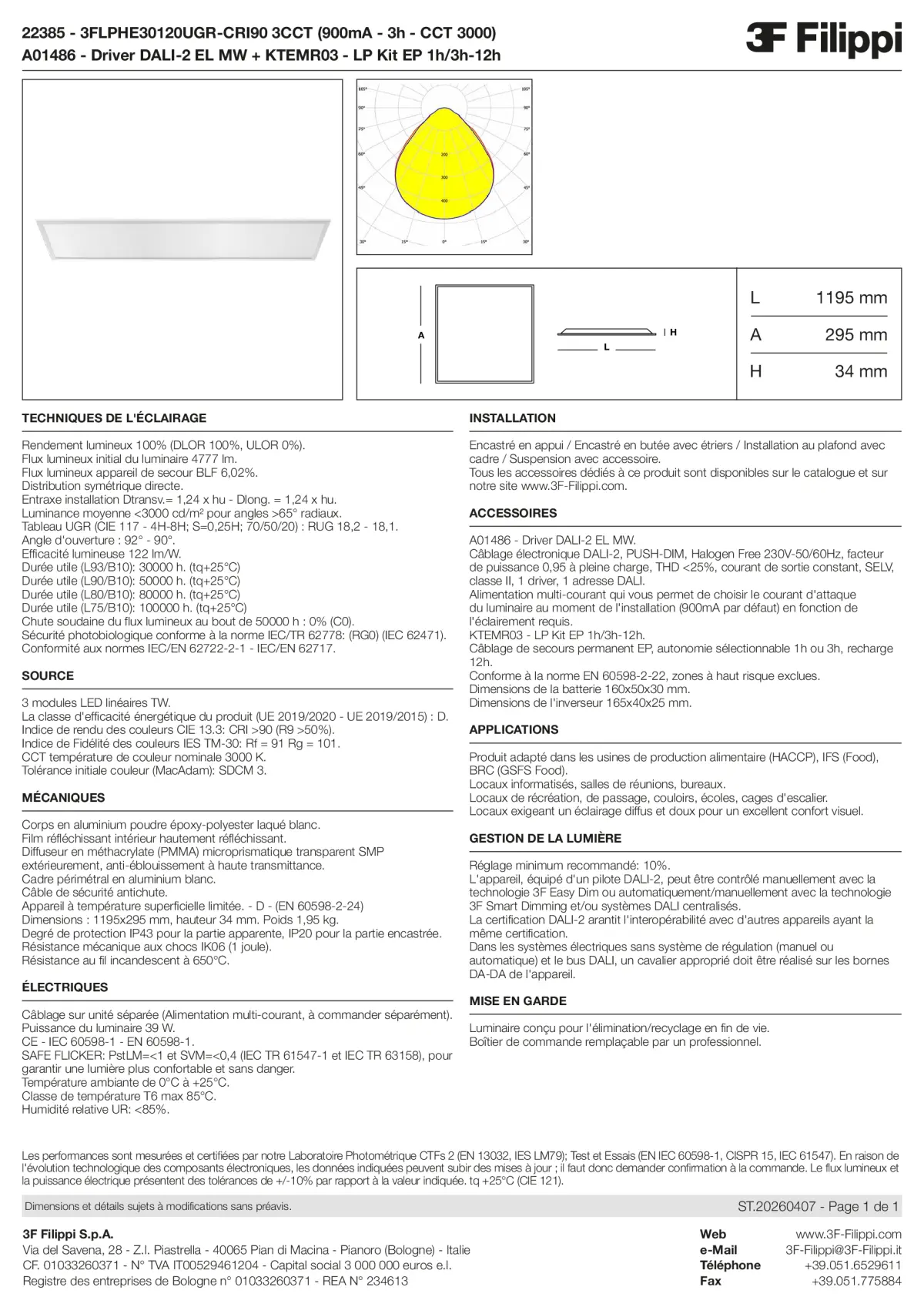 22385+A01486+KTEMR03 - 3FLPHE30120UGR-CRI90 3CCT (900mA - 3h - CCT 3000) + DALI-2 EL MW + Kit EP 1h-3h - Datasheet - fr