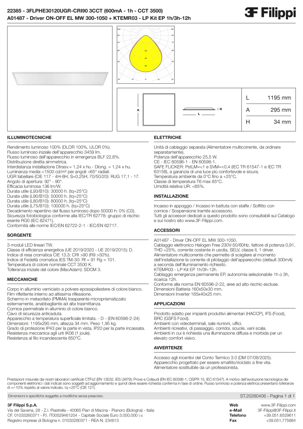 22385+A01487+KTEMR03 - 3FLPHE30120UGR-CRI90 3CCT (600mA - 1h - CCT 3500) + ON-OFF EL MW 300-1050 + Kit EP 1h-3h - Datasheet - it