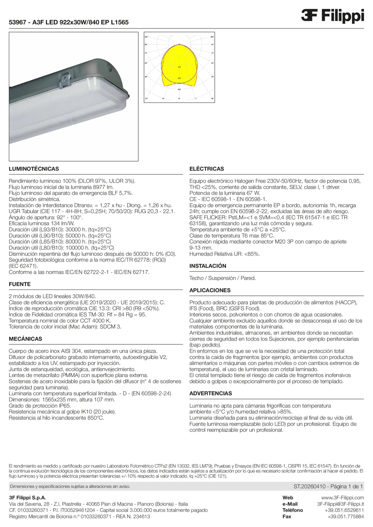 53967 - A3F LED 922x30W-840 EP L1565 - Datasheet - es