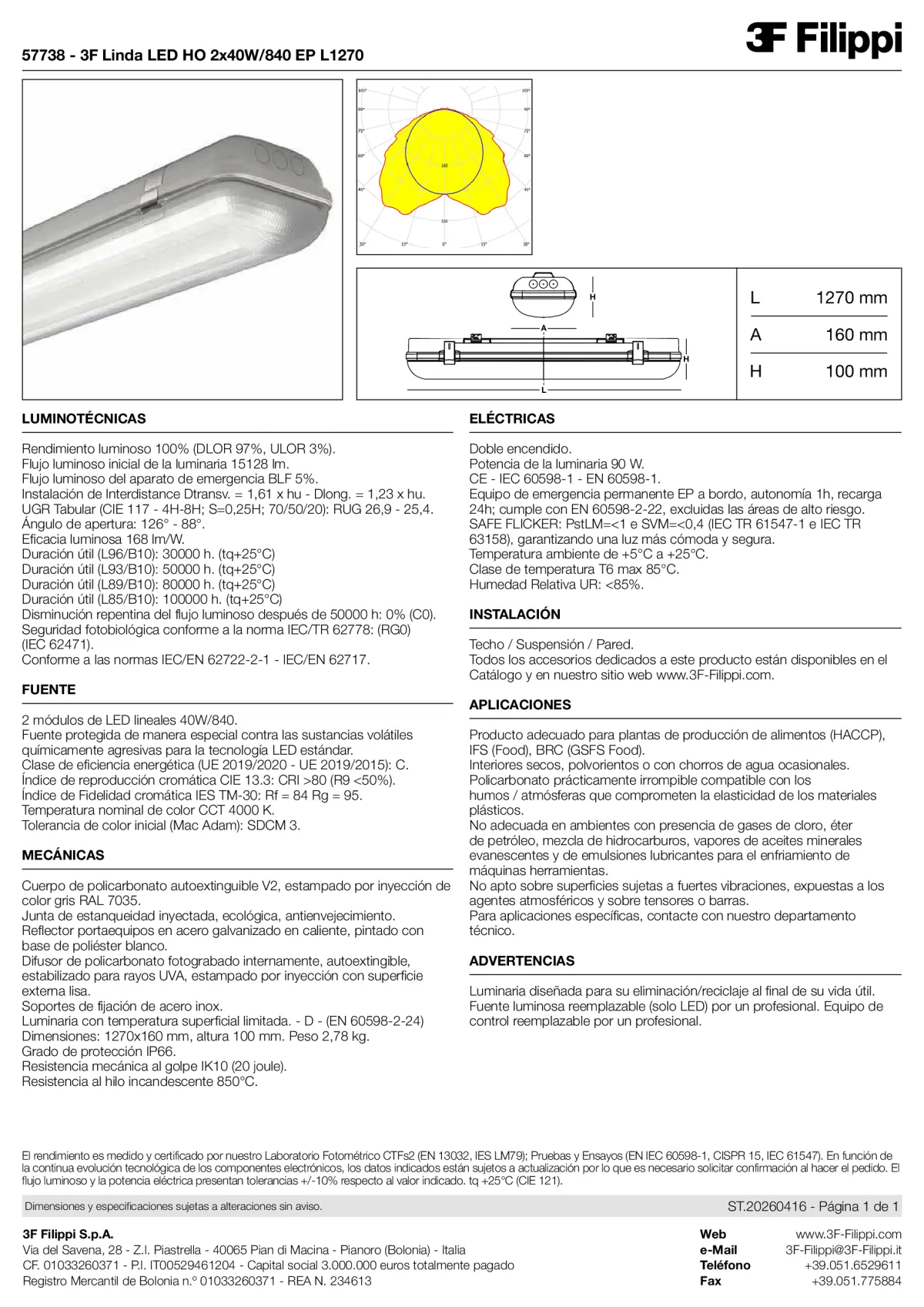 57738 - 3F Linda LED HO 2x40W-840 EP L1270 - Datasheet - es