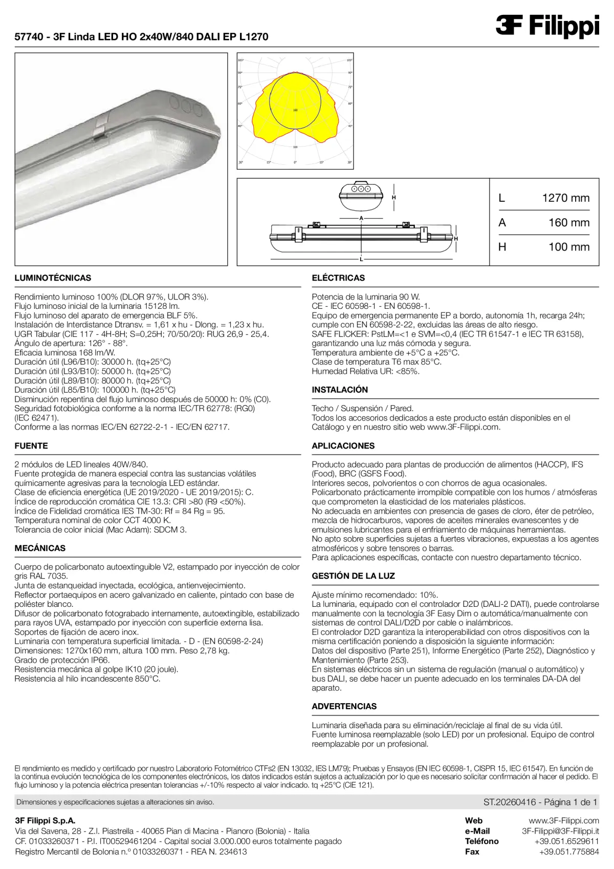 57740 - 3F Linda LED HO 2x40W-840 DALI EP L1270 - Datasheet - es