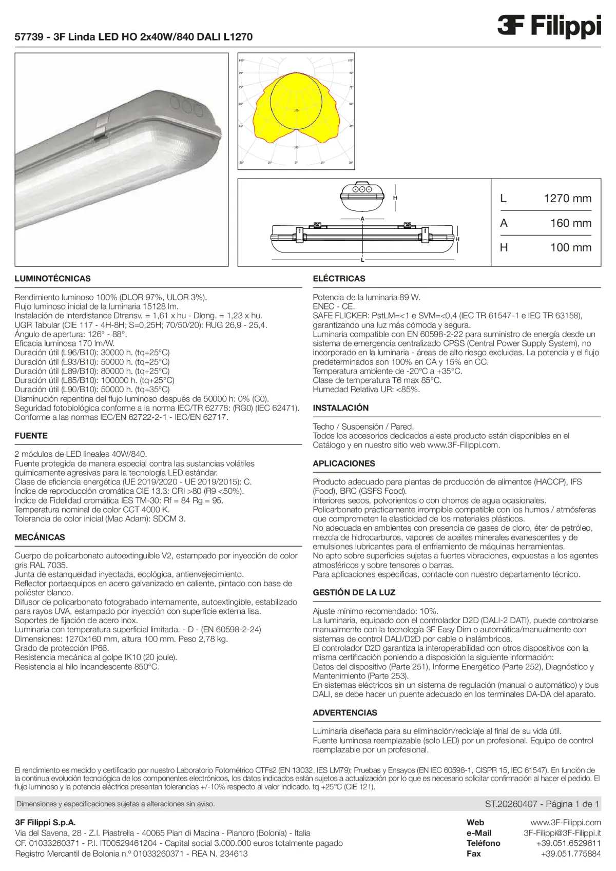 57739 - 3F Linda LED HO 2x40W-840 DALI L1270 - Datasheet - es