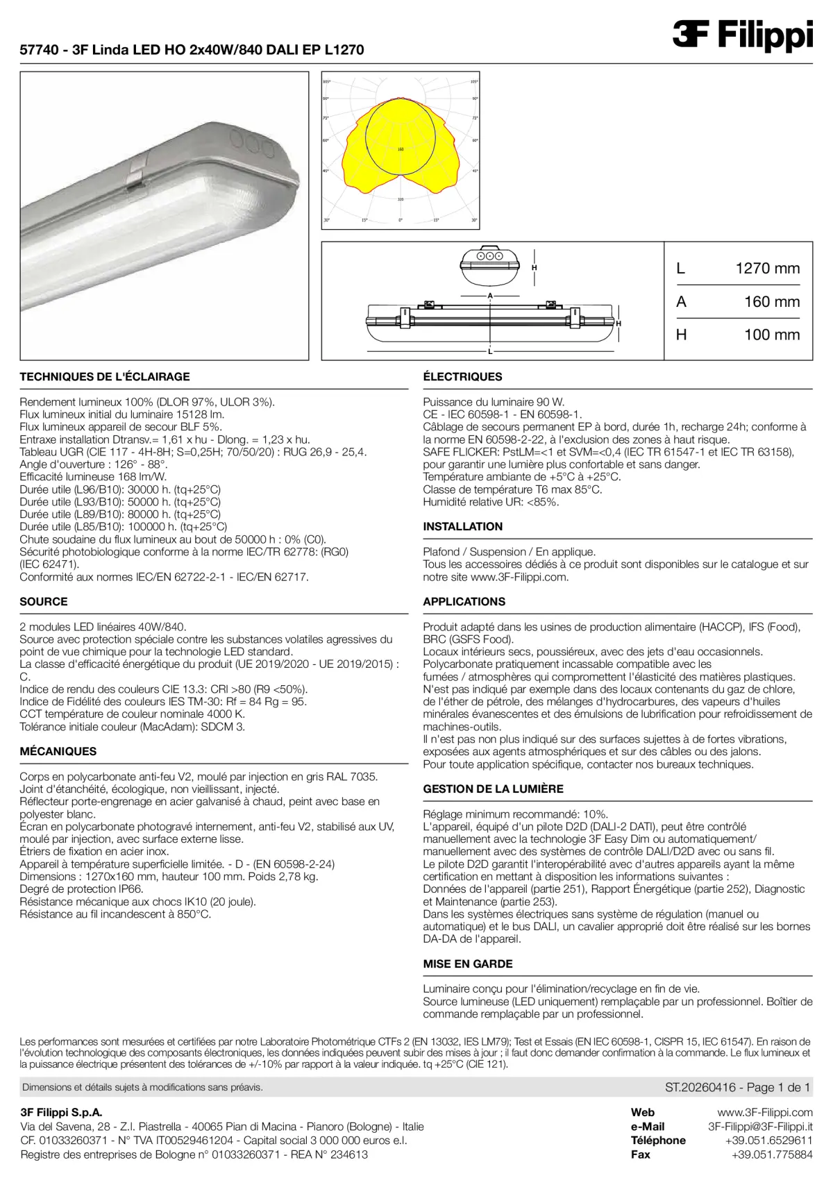 57740 - 3F Linda LED HO 2x40W-840 DALI EP L1270 - Datasheet - fr