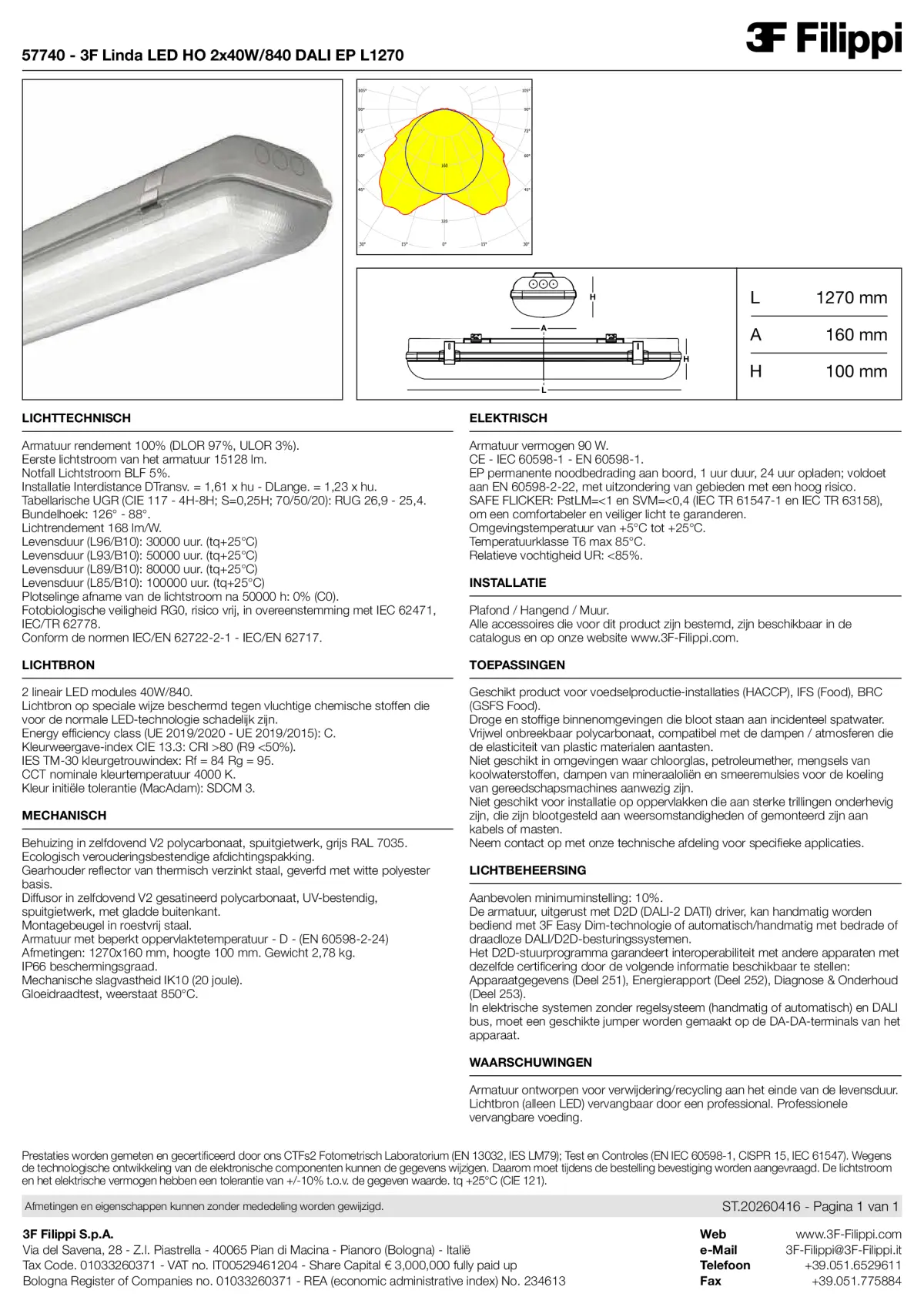 57740 - 3F Linda LED HO 2x40W-840 DALI EP L1270 - Datasheet - nl