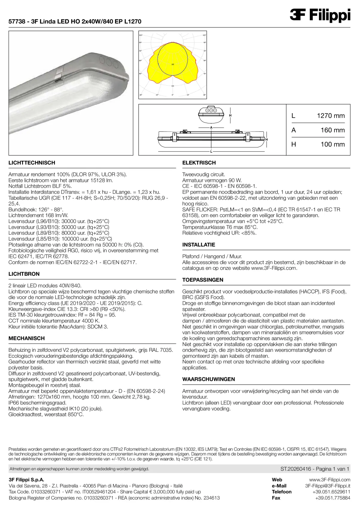57738 - 3F Linda LED HO 2x40W-840 EP L1270 - Datasheet - nl