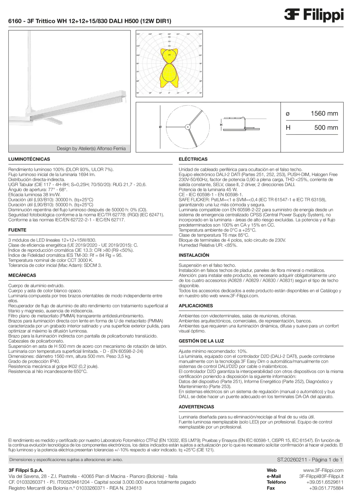 6160 - 3F Trittico WH 12+12+15-830 DALI H500 (12W DIR1) - Datasheet - es