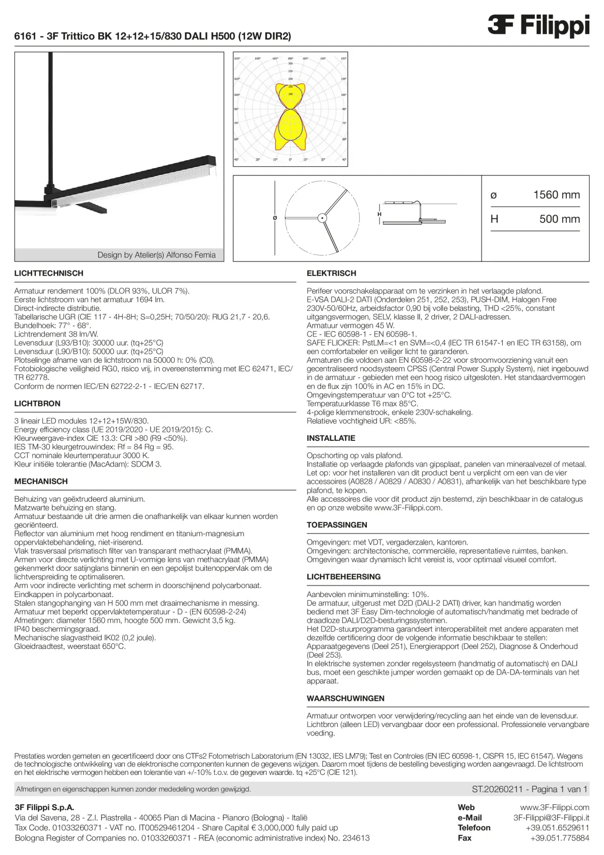 6161 - 3F Trittico BK 12+12+15-830 DALI H500 (12W DIR2) - Datasheet - nl
