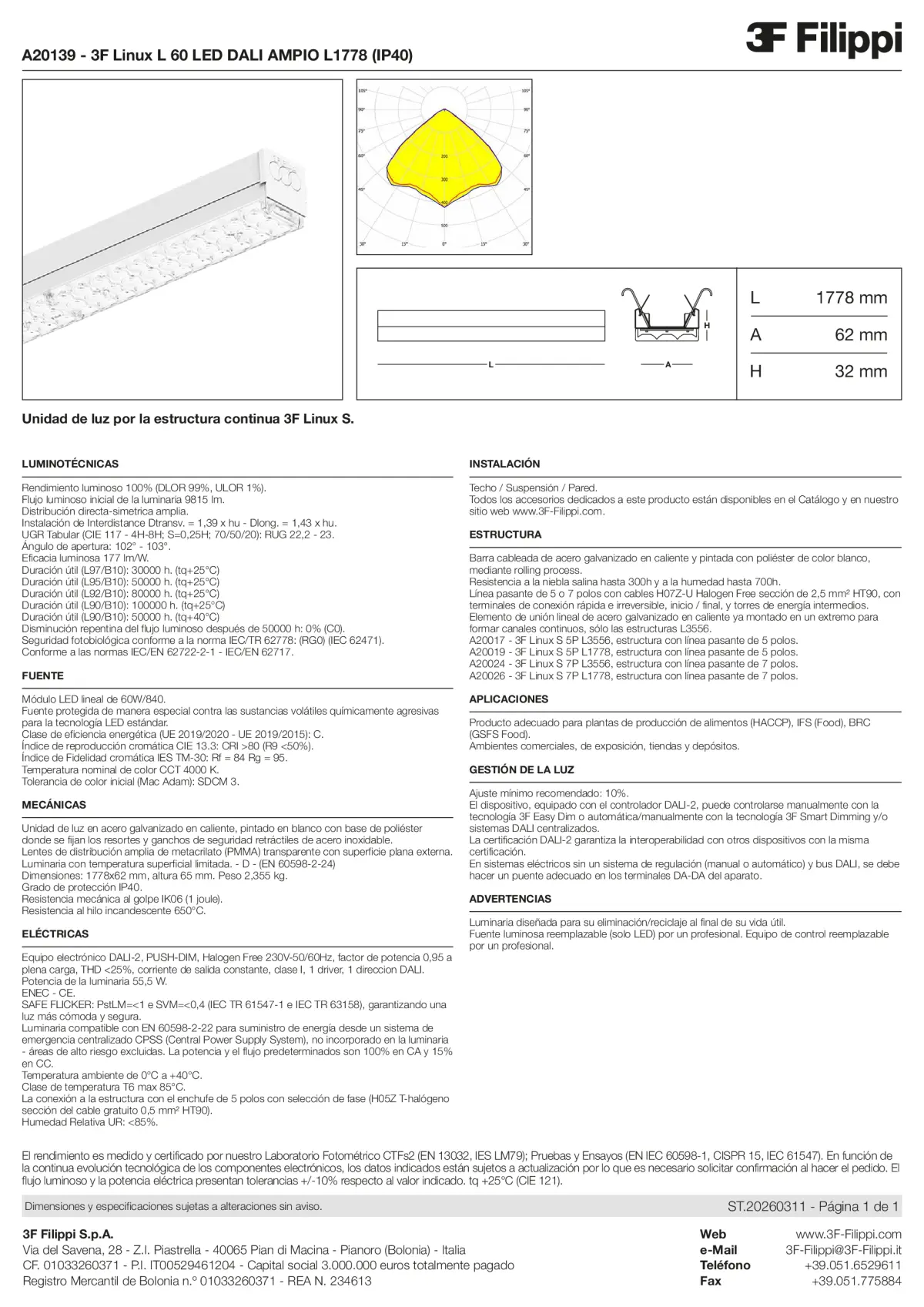 A20139 - 3F Linux L 60 LED DALI AMPIO L1778 (IP40) - Datasheet - es